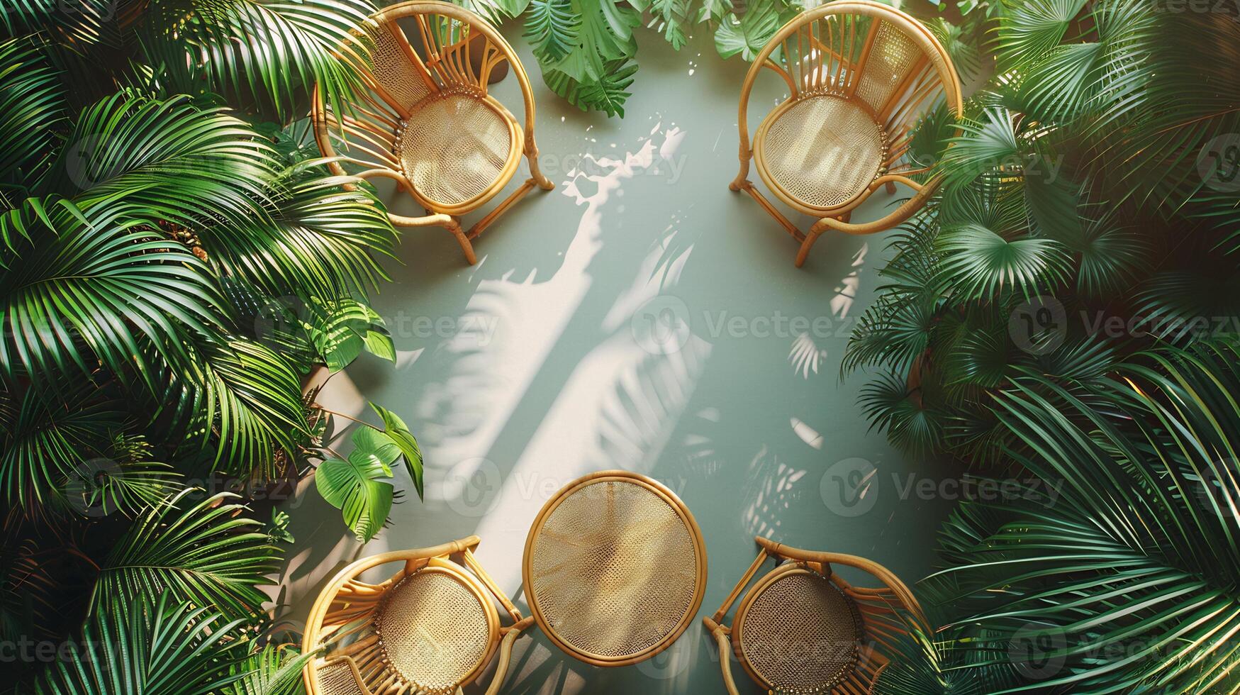 Top down view of tropical garden setup with a small dining table rattan chairs and palm plants perfect for a summer party on white isolated background photo