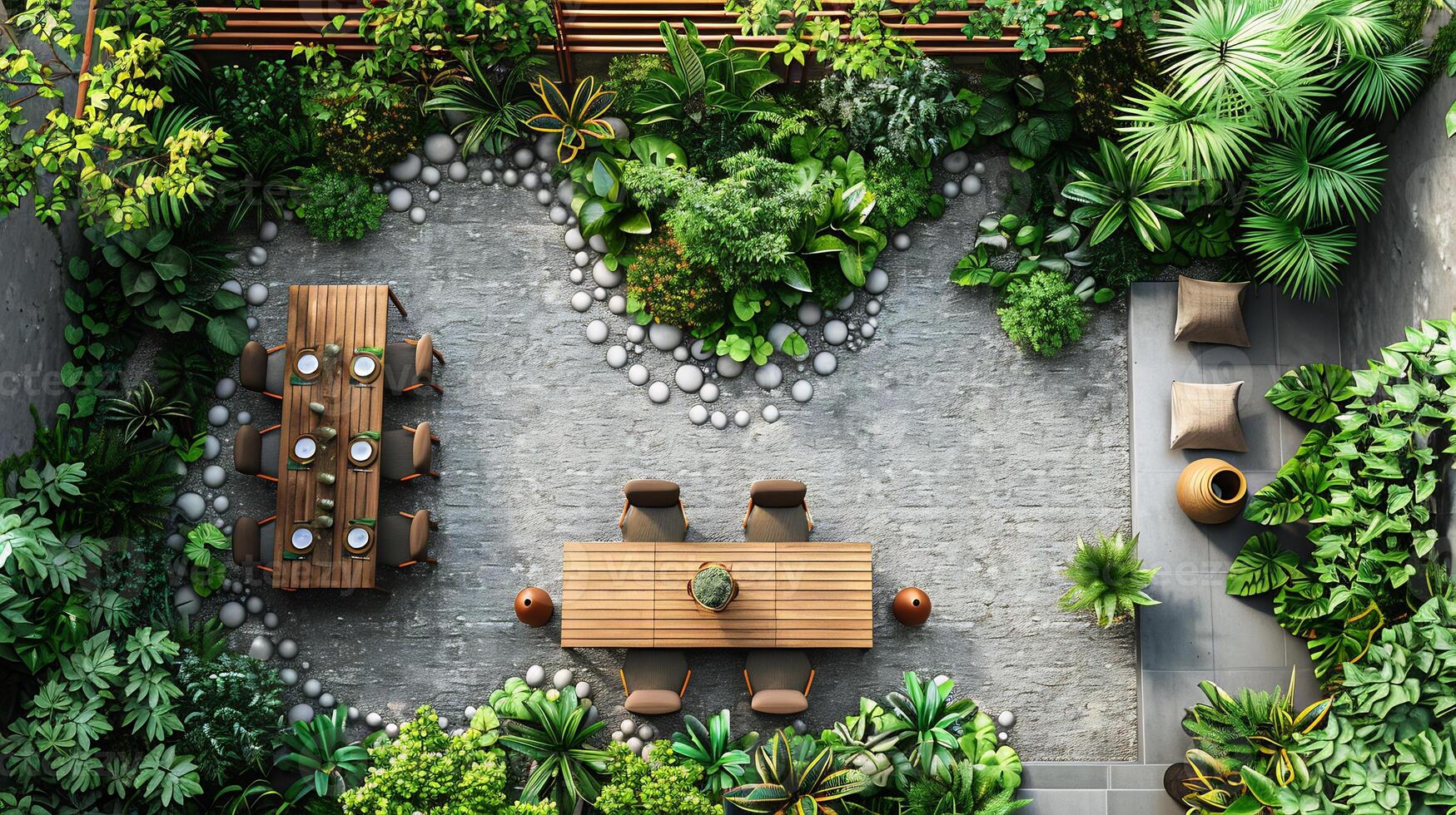 Top down view of spacious garden with outdoor dining furniture potted plants and greenery white isolated background photo
