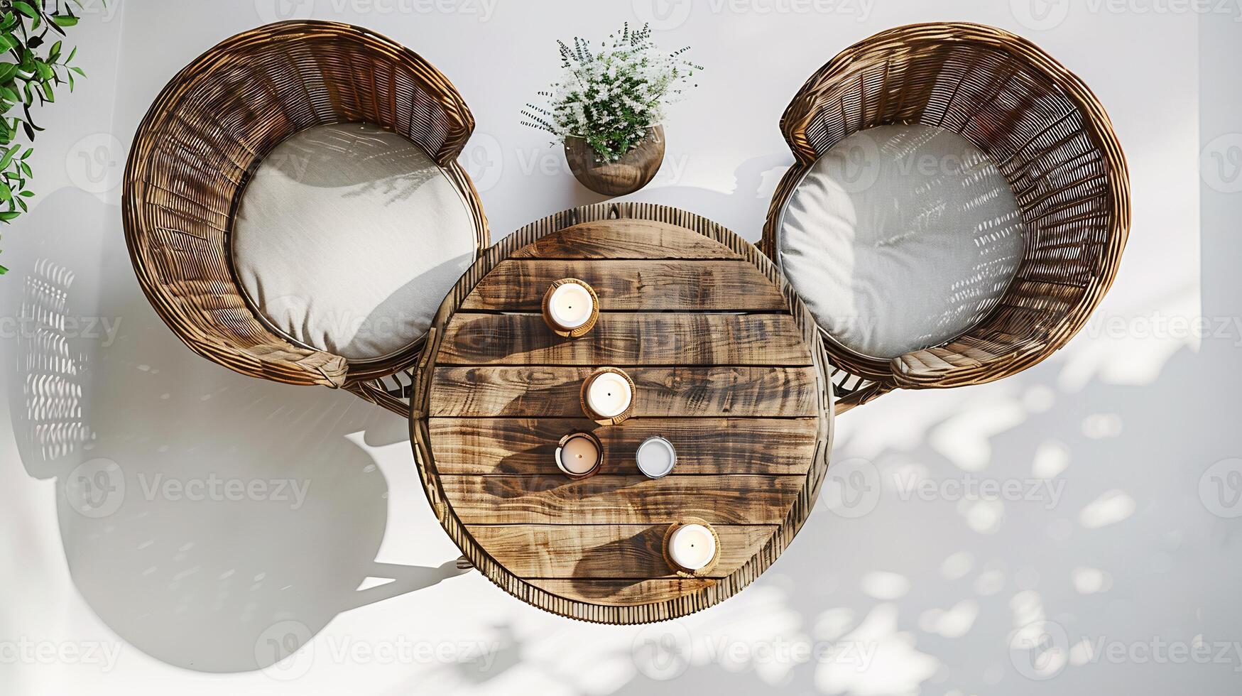 Top down view of romantic outdoor dining setting with chairs candles and a small table white isolated background photo