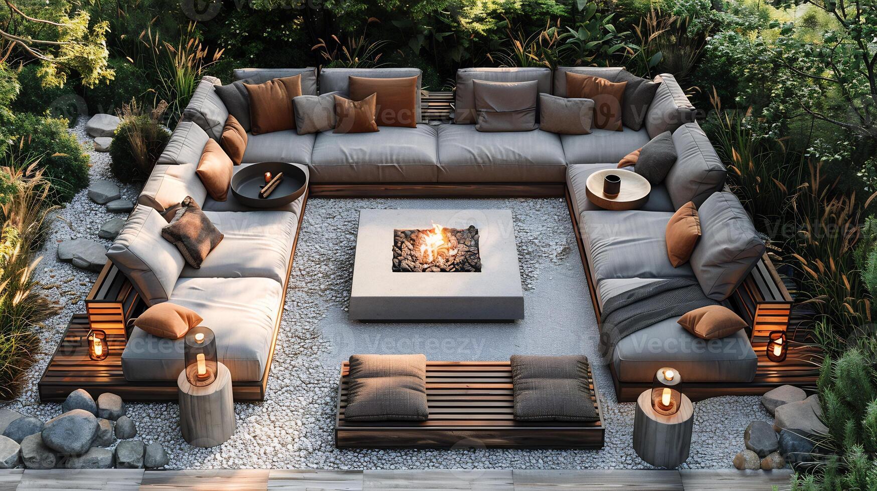 Top down view of spacious outdoor lounge area with comfy seating a fire pit and a small side table perfect for a family gathering white isolated background photo