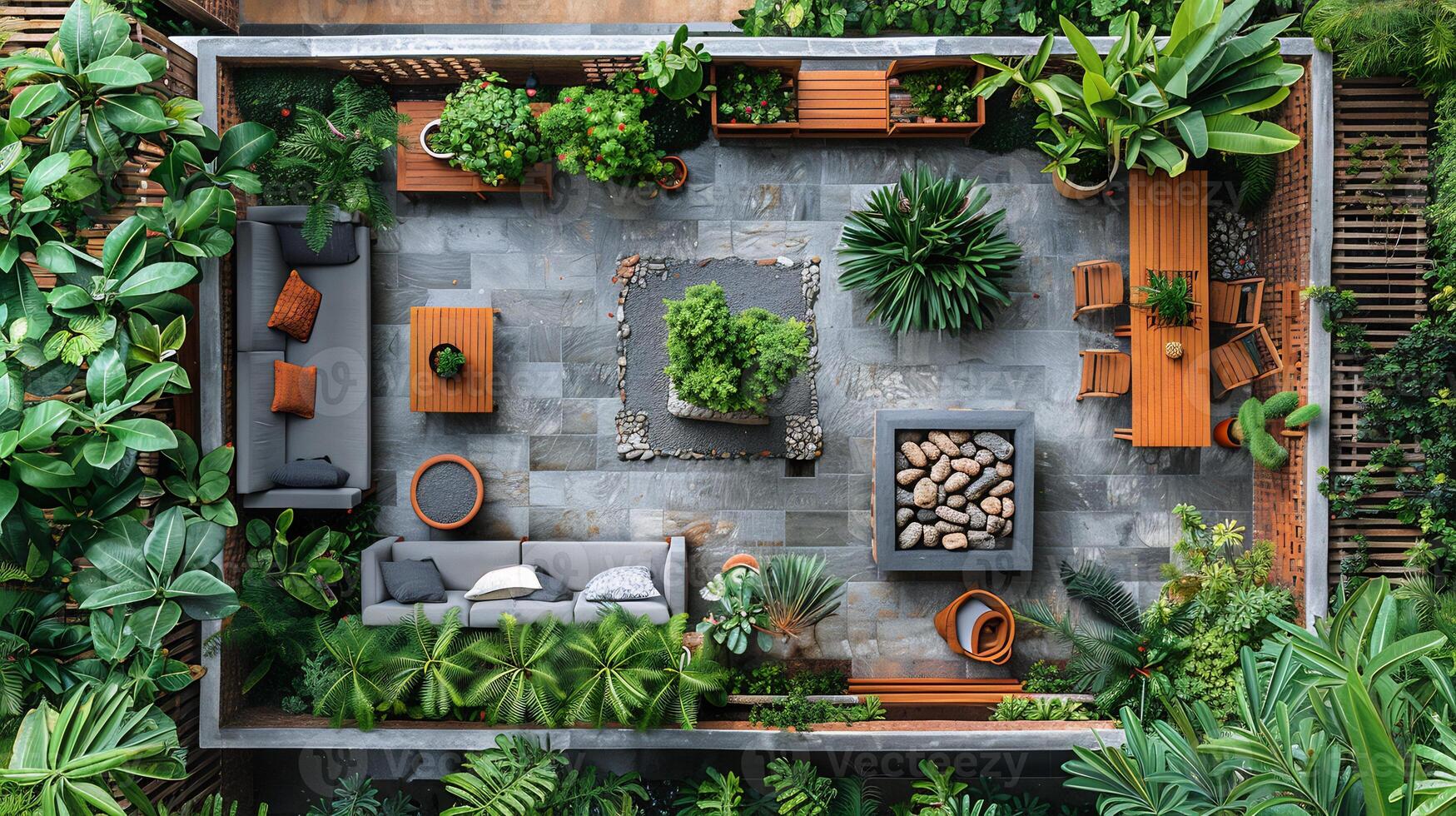 Top down view of spacious garden with a seating area a fire pit and potted plants white isolated background photo