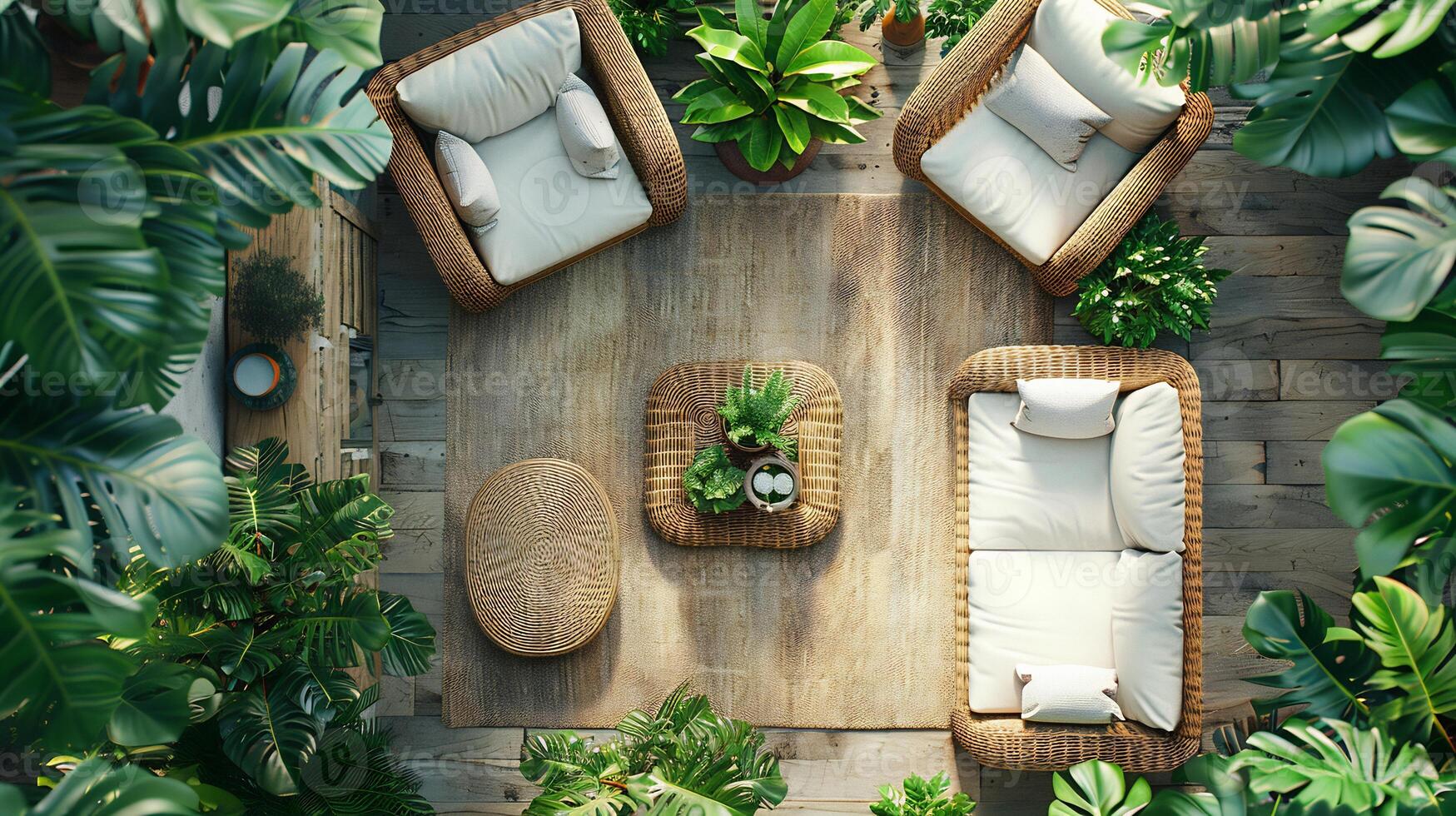 Top down view of relaxing patio with rattan furniture a small coffee table and potted plants surrounded by greenery white isolated background photo