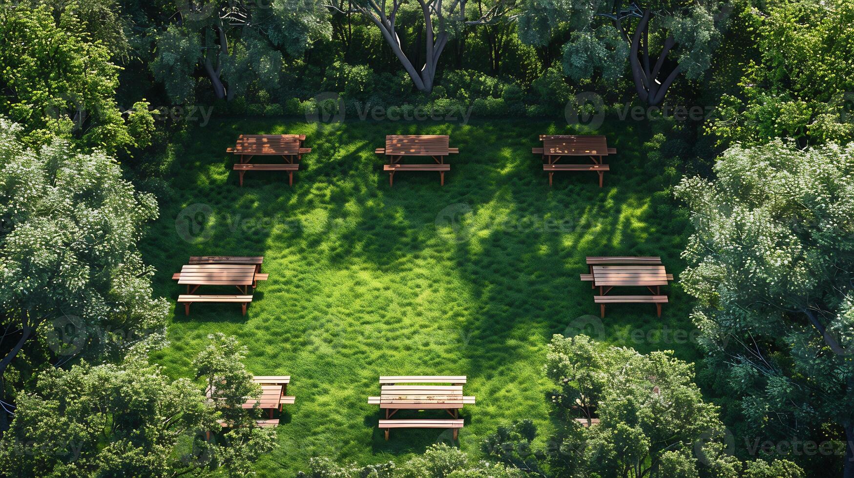 Top down view of park with folding lawn chairs and picnic tables set for an outdoor event white isolated background photo