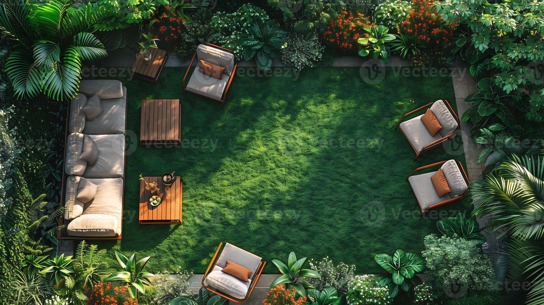 Top down view of relaxing outdoor seating area with wooden chairs and a coffee table on a lush green lawn perfect for summer white isolated background photo