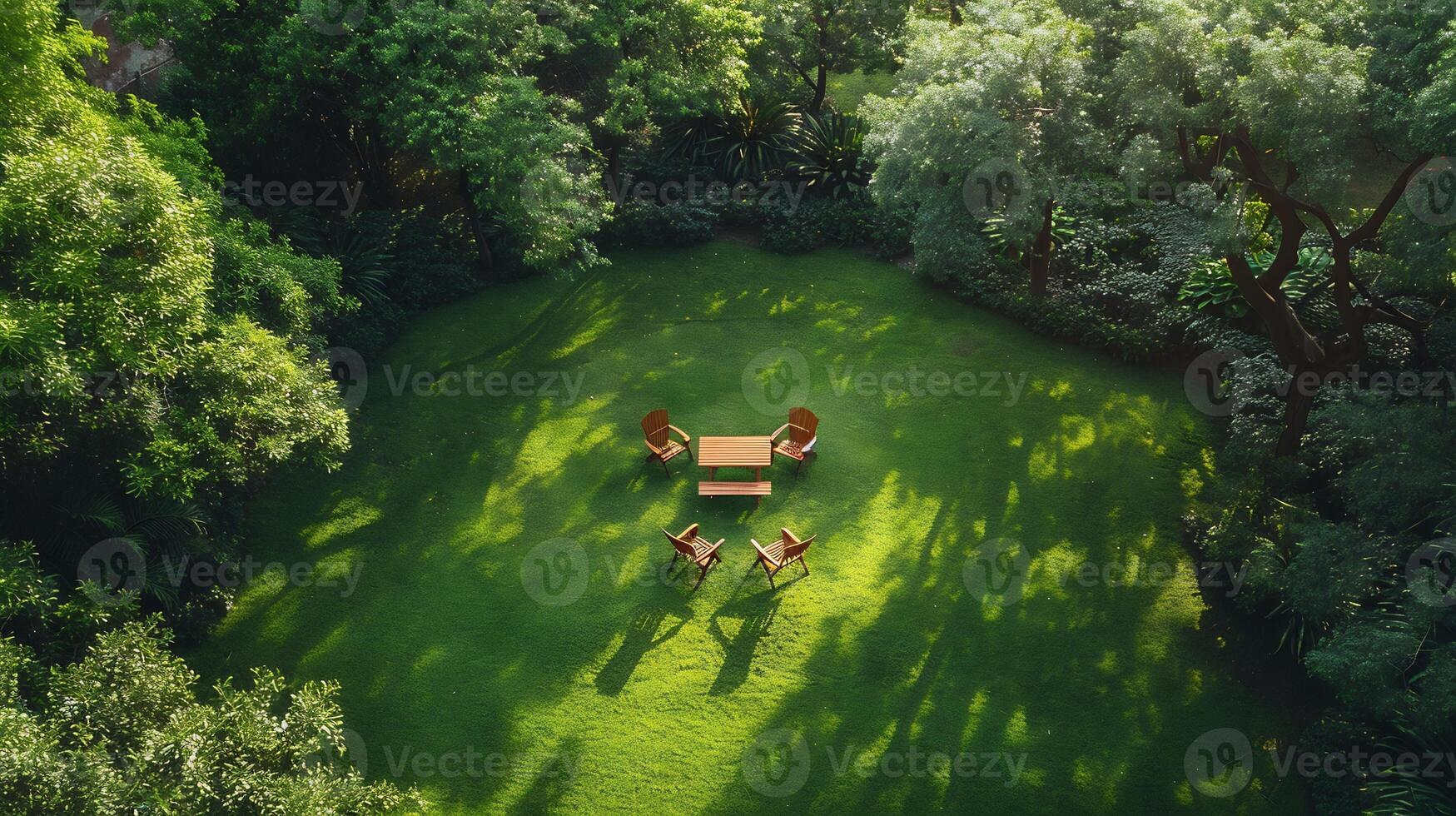 Top down view of park with folding chairs and a picnic table ideal for a family gathering white isolated background photo
