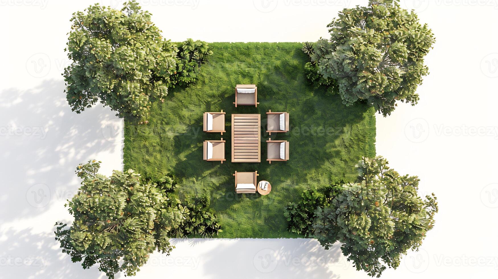 Top down view of park picnic area with folding chairs and a small table set for a relaxing afternoon white isolated background photo