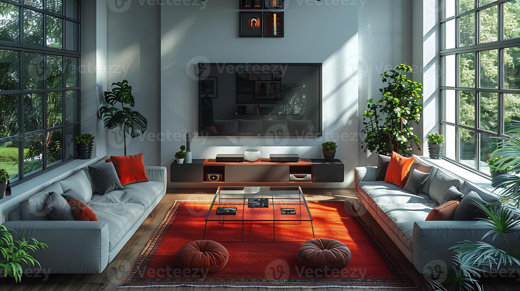 Top down view of modern apartment living room with a sleek couch glass coffee table and a large television urban white isolated background photo
