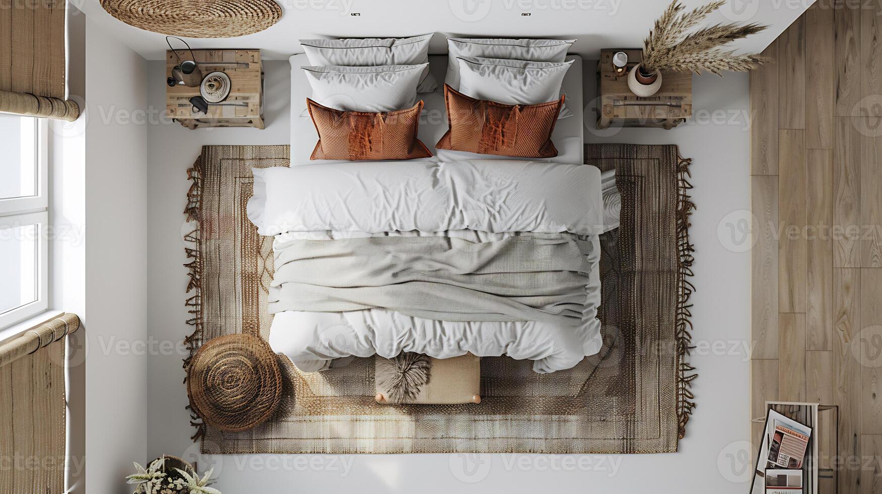 Top down view of modern bedroom with a double bed side tables and a rug cozy ambiance white isolated background photo