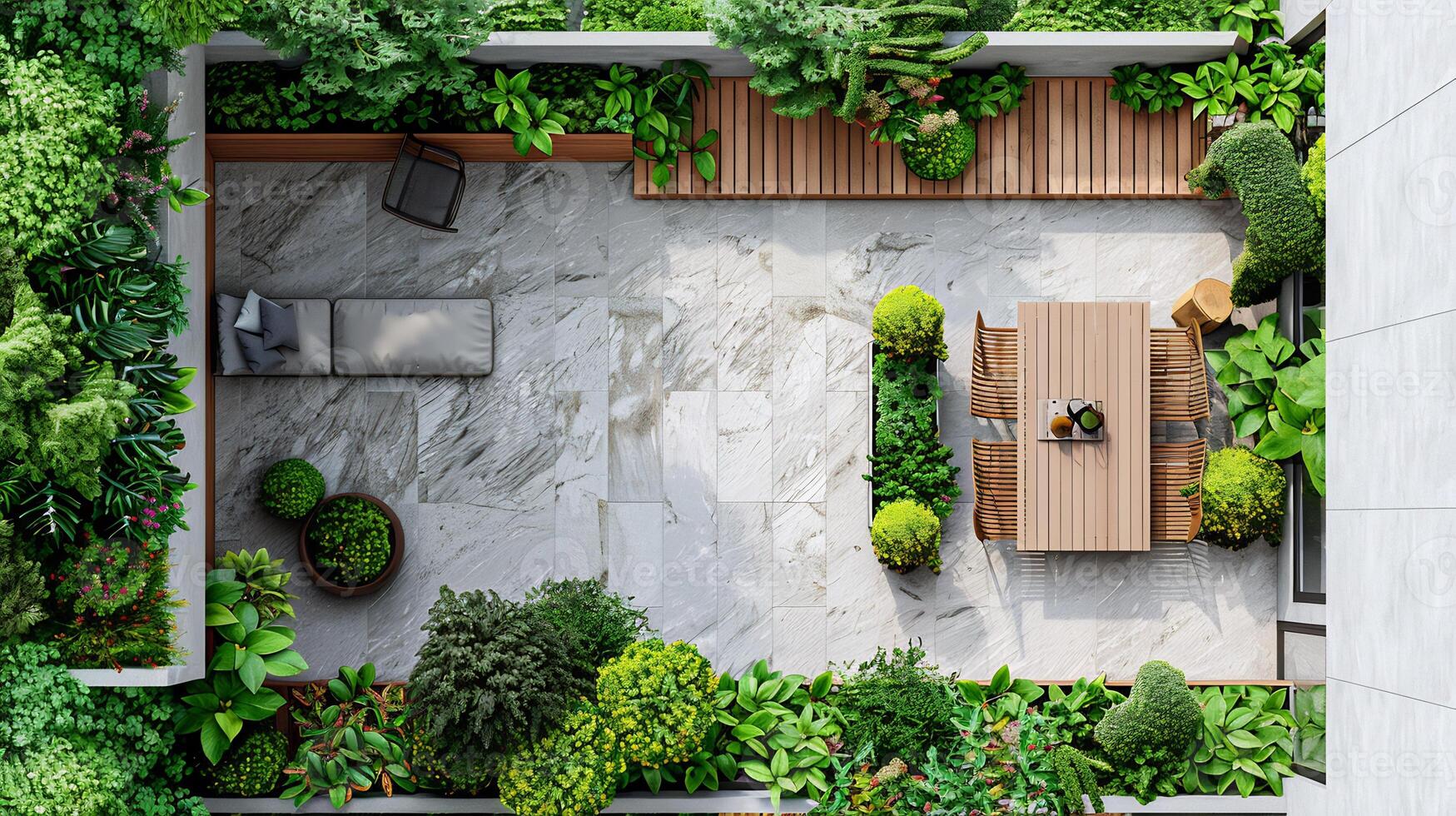 Top down view of modern rooftop garden with seating potted plants and a small dining table ideal for a peaceful retreat white isolated background photo