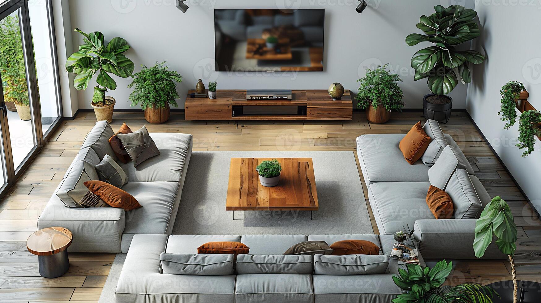 Top down view of modern family room with a large sofa coffee table and entertainment unit white isolated background photo