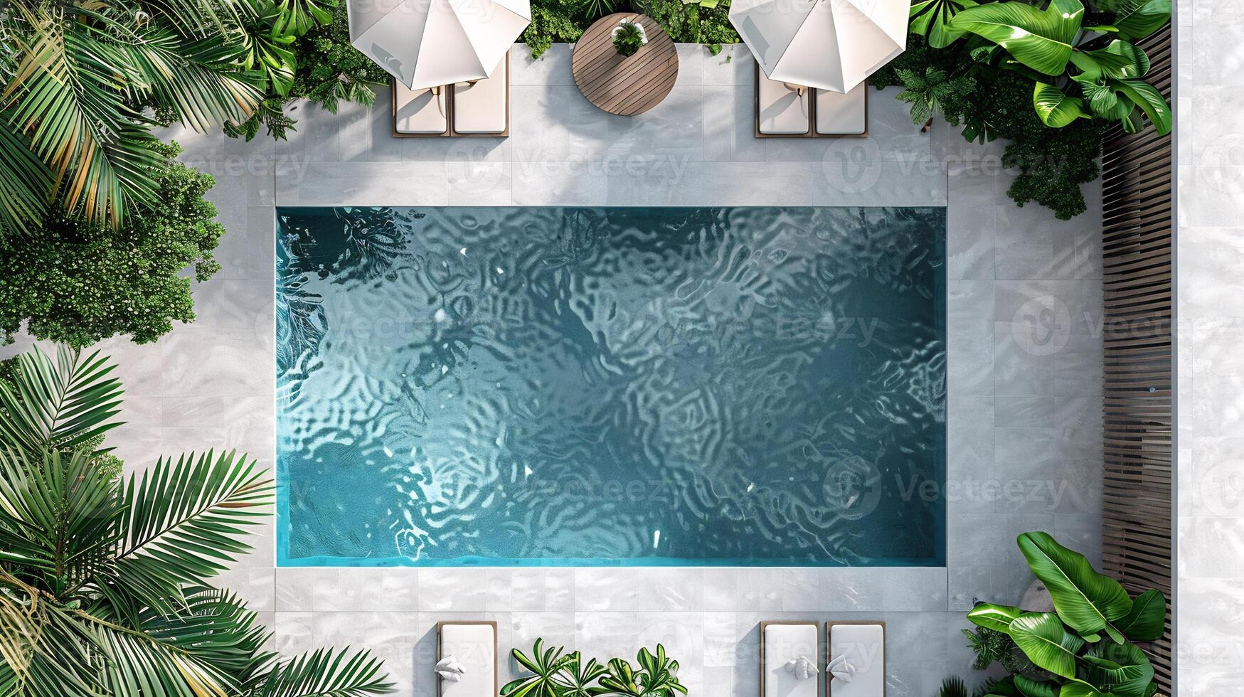 Top down view of luxury outdoor pool area with lounge chairs umbrellas and a small dining table perfect for summer relaxation white isolated background photo