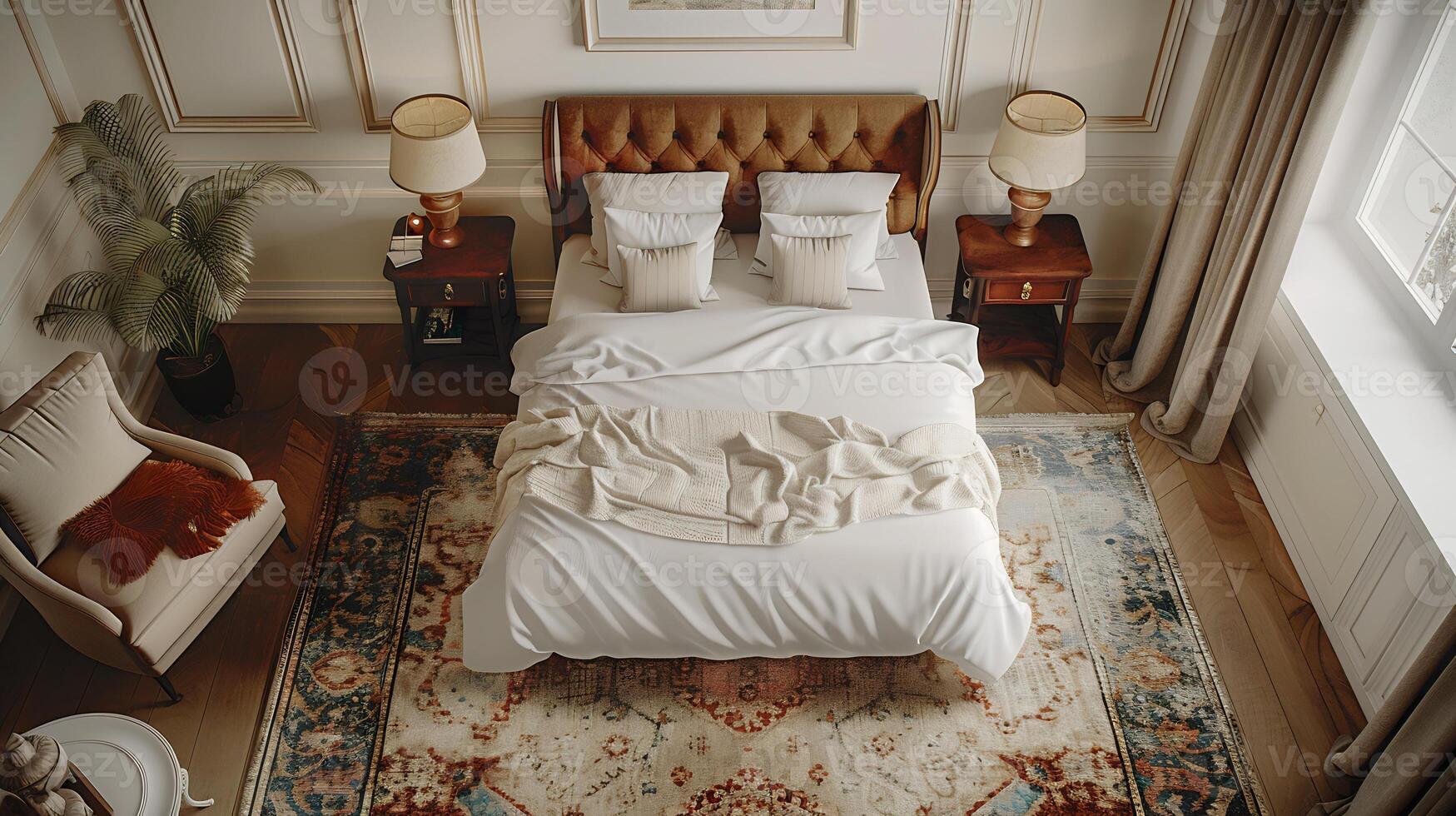 Top down view of luxury guest room with a kingsized bed armchair and bedside lamps elegant decor white isolated background photo