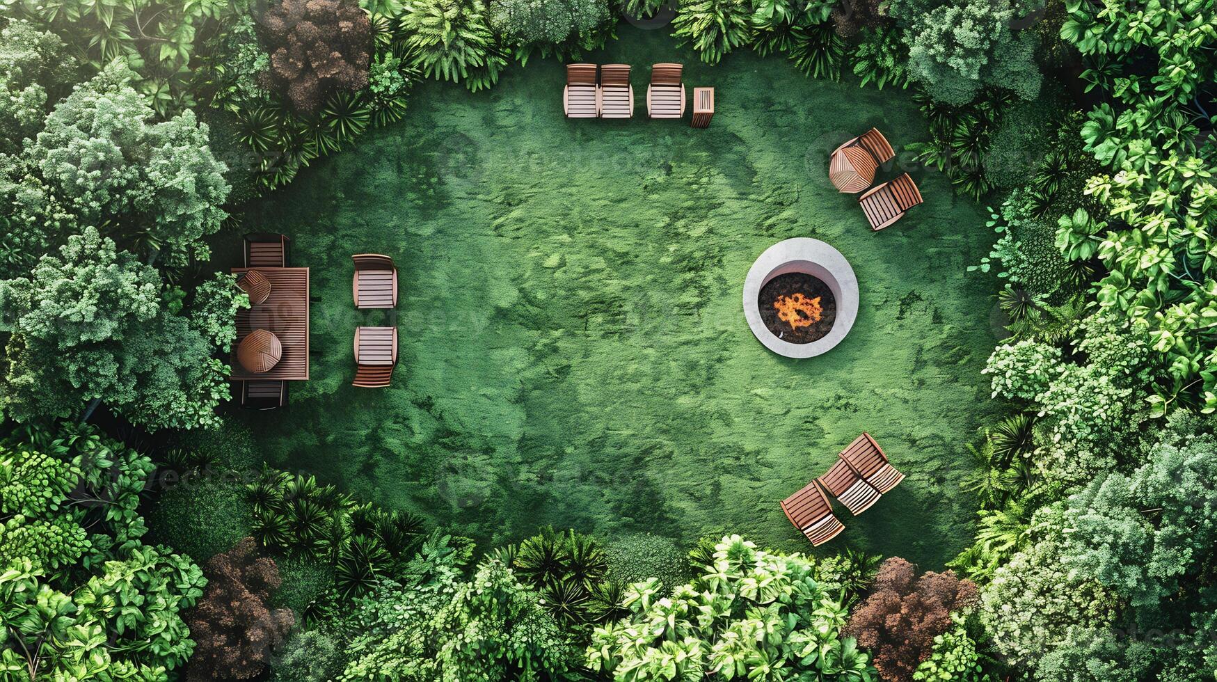 Top down view of lush green park with lawn chairs tables and a small fire pit perfect for a family gathering white isolated background photo