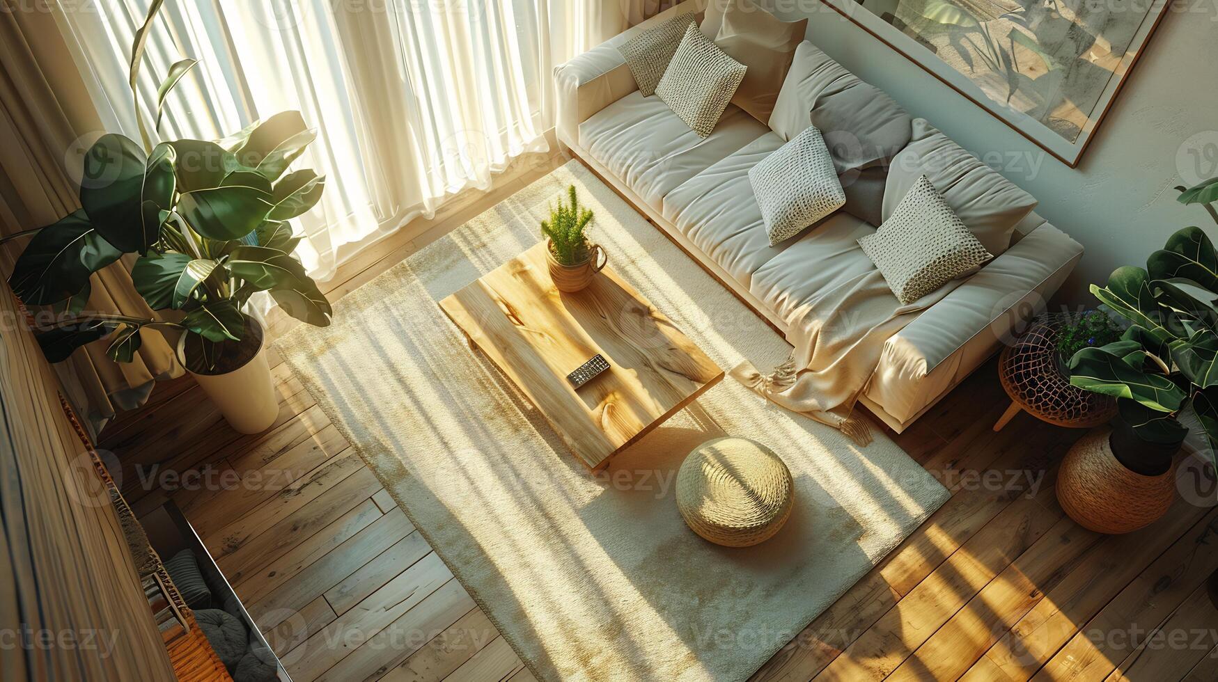 Top down view of cozy living room with a couch coffee table and a large window with sunlight streaming in on a white isolated background photo