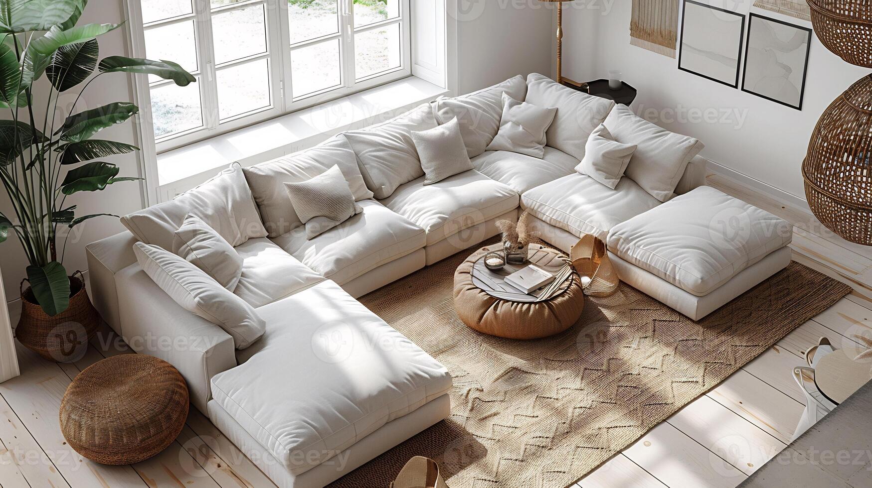 Top down view of cozy living room with a plush sectional sofa a coffee table and a large window letting in light white isolated background photo