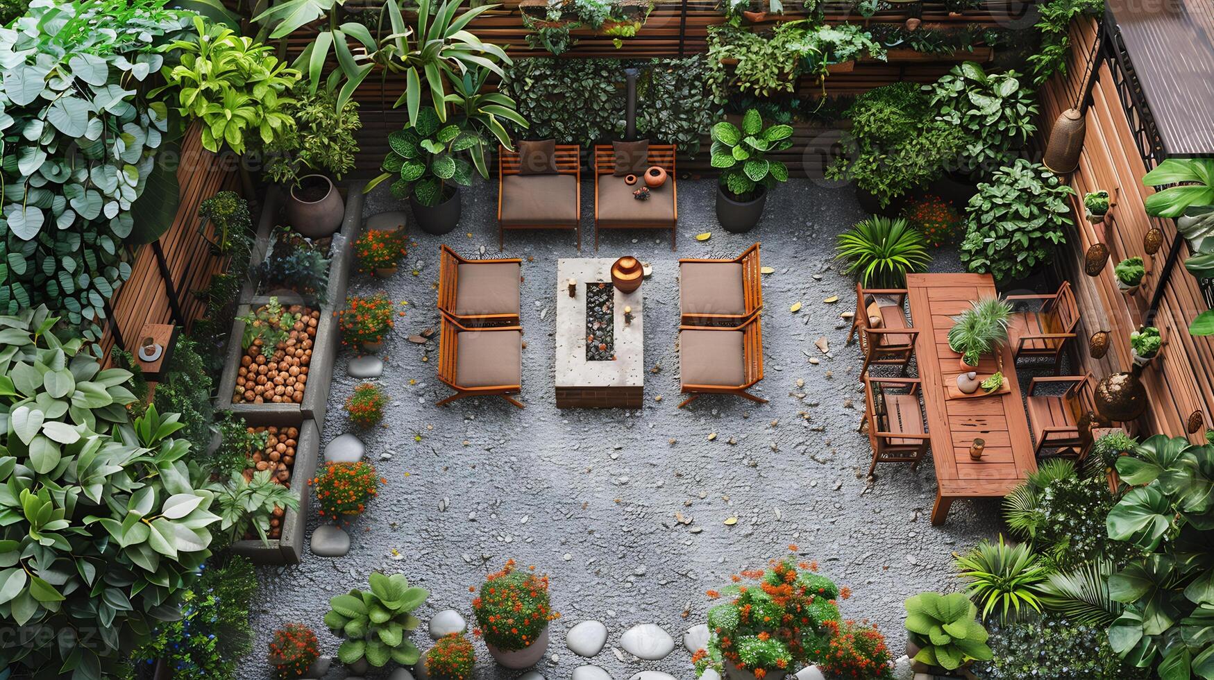 Top down view of backyard garden seating area with wooden furniture and a small fire pit on a white isolated background photo