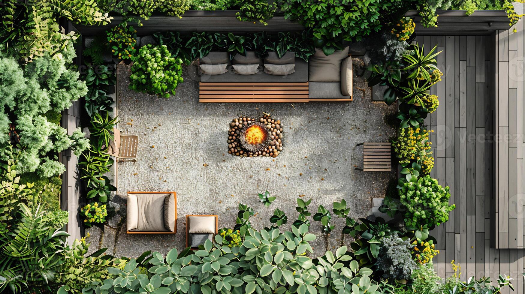Top down view of backyard seating area with wooden benches and a small fire pit perfect for evening relaxation white isolated background photo