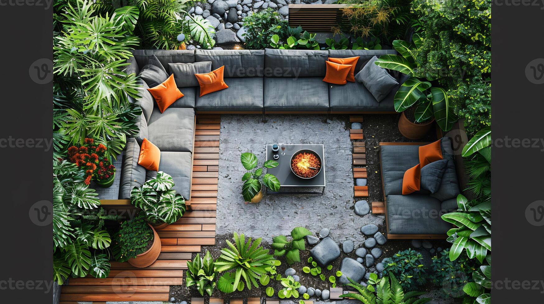 Top down view of backyard garden with outdoor furniture potted plants and a fire pit white isolated background photo