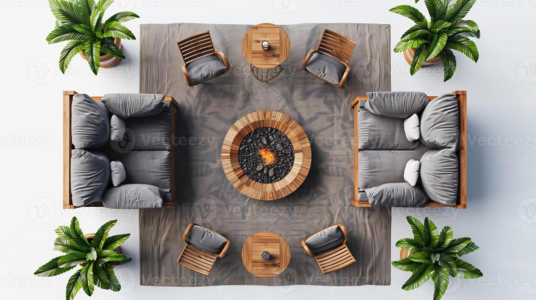 Top down view of backyard relaxation space with wooden furniture a small table and a fire pit ideal for a family gathering white isolated background photo