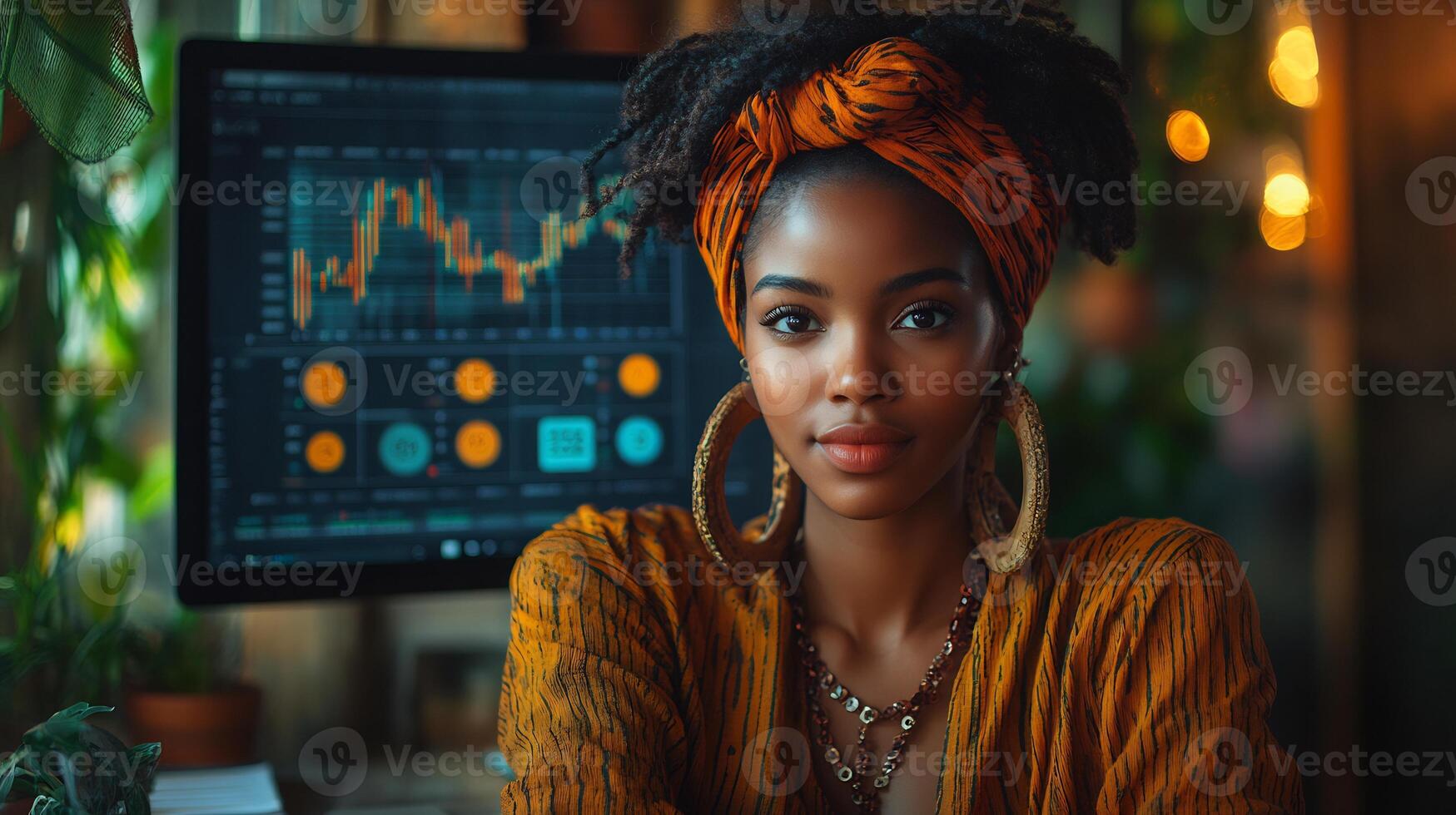 Modern African Businesswoman Reviewing Data Analytics on a Laptop Multitasking with Tablet and Desktop in a Contemporary Hybrid Office Space photo