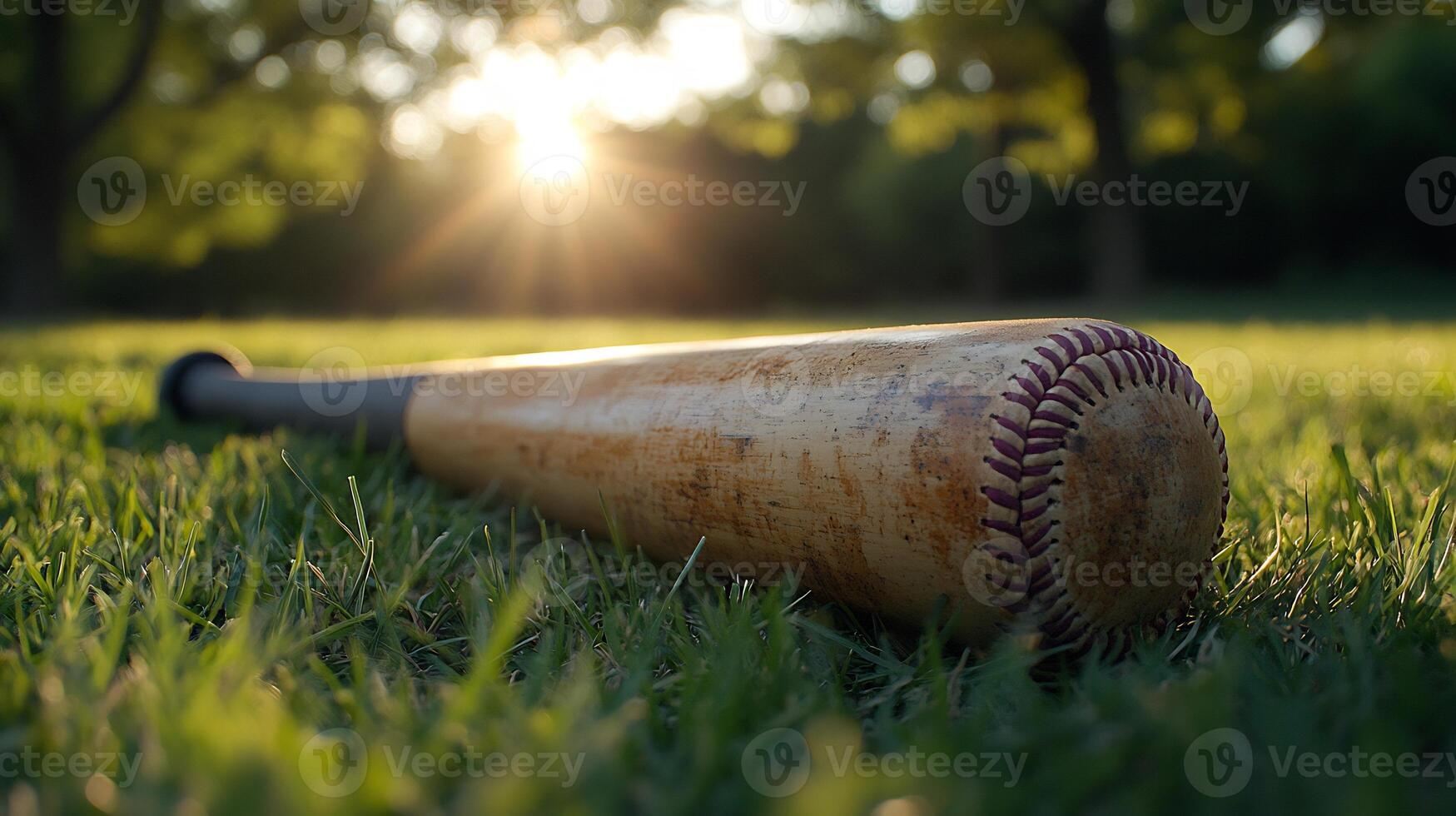 Baseball Bat Mockup Resting a Grass Field with Bright Sunlight Ideal for Highlighting Sports Equipment Branding and Athletic Merchandise in an Outdoor Setting photo