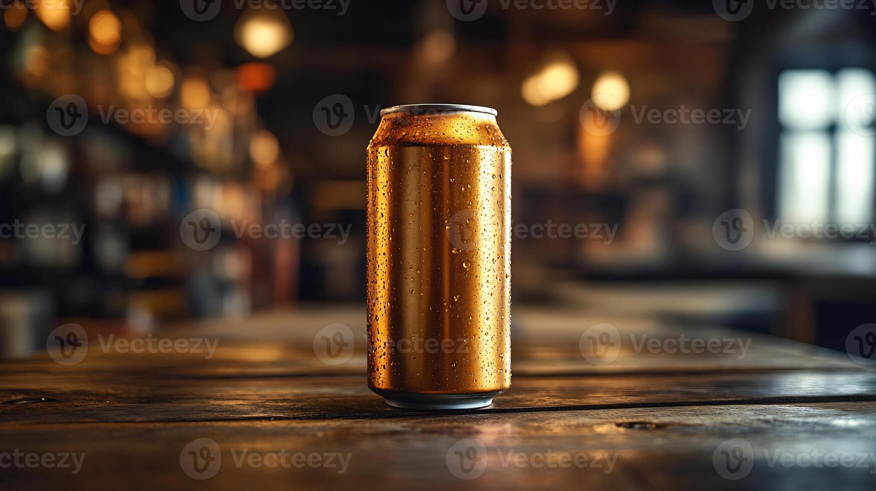 Beer can mockup standing wooden table with sharp lighting perfect for beverage branding photo