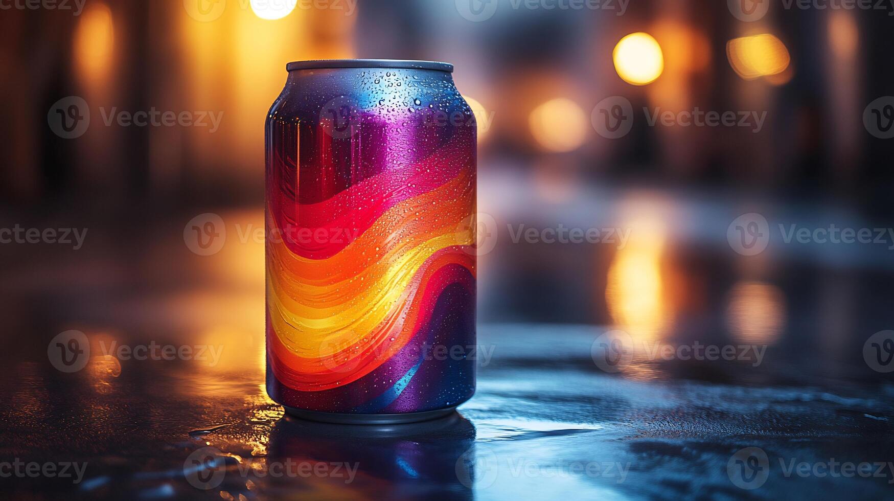 Beverage can mockup reflective surface with sharp lighting showcasing vibrant branding design photo