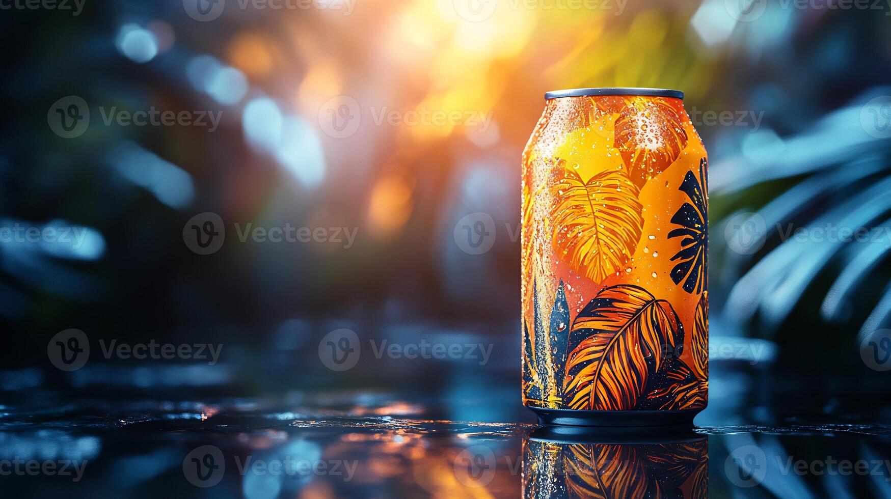 Beverage Can Mockup Placed a Reflective Surface with Sharp Lighting Ideal for Showcasing Vibrant Branding and Label Design for Soft Drinks or Beverage Products photo