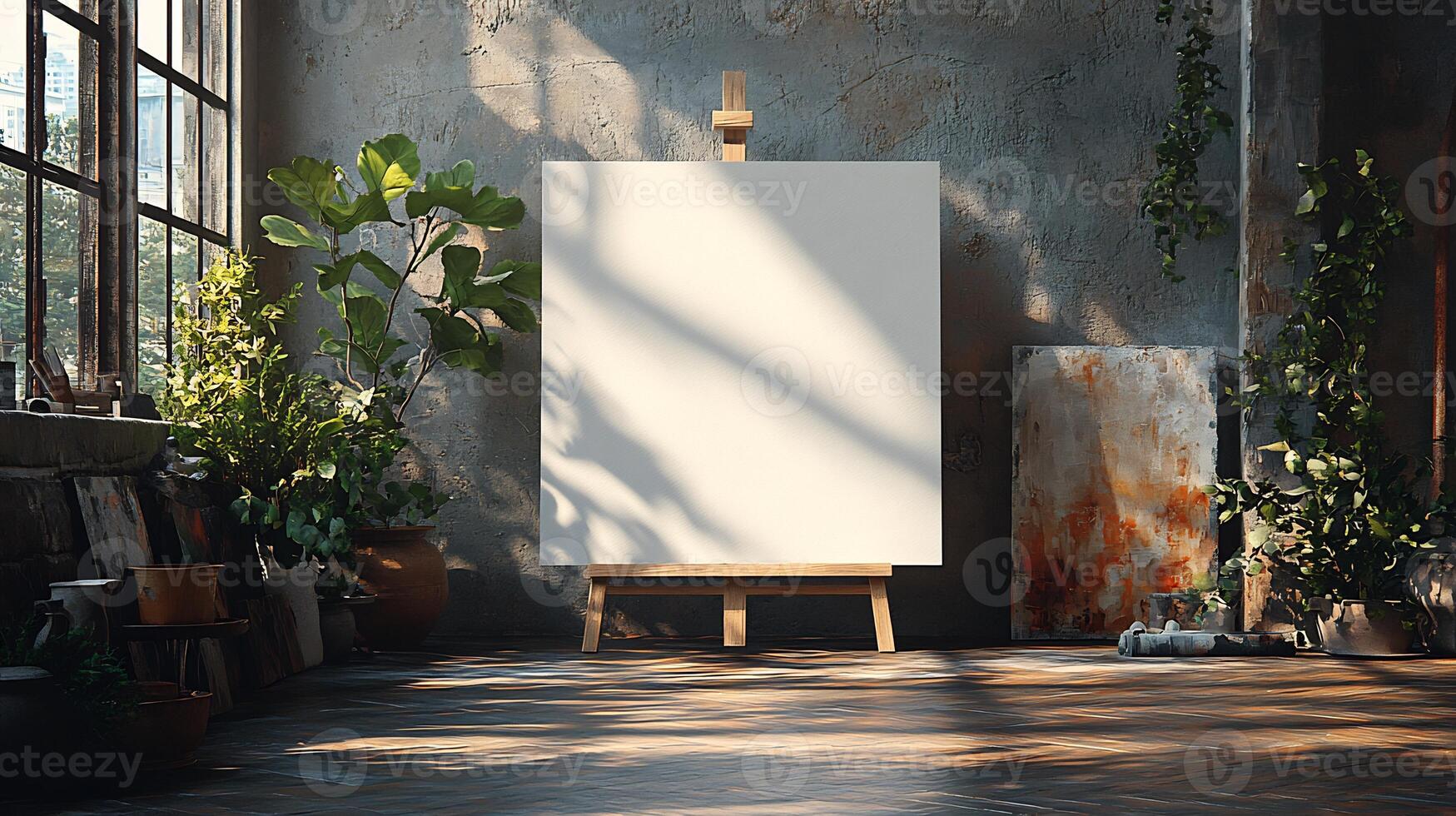 Blank canvas mockup displayed art studio with soft lighting perfect for art product branding photo