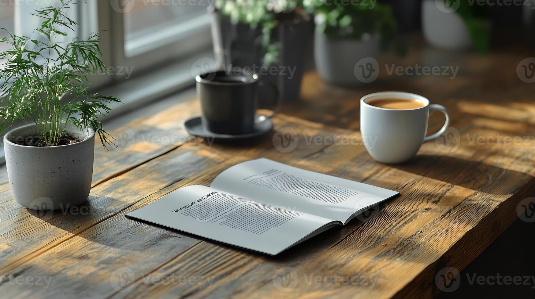 Brochure mockup lying open wooden desk ideal for marketing material presentations photo