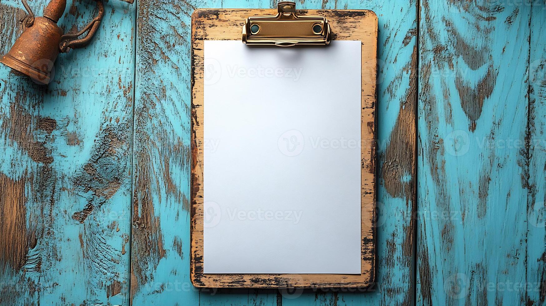 Clipboard mockup blank sheet placed on a bright wooden surface for stationary product showcasing photo