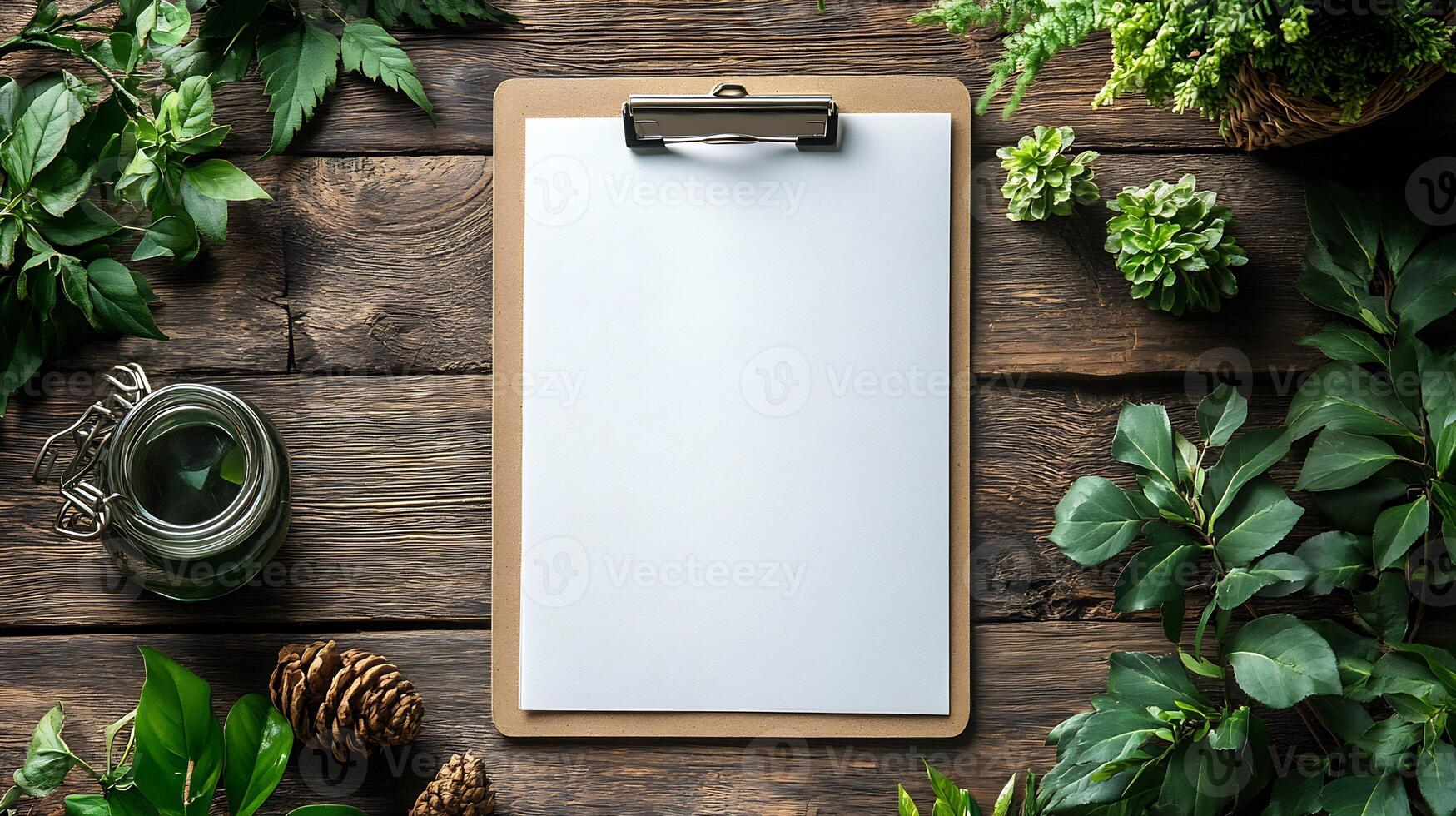 Blank Clipboard Mockup Paper on Wooden Desk for Office Supplies and Professional Product Display photo