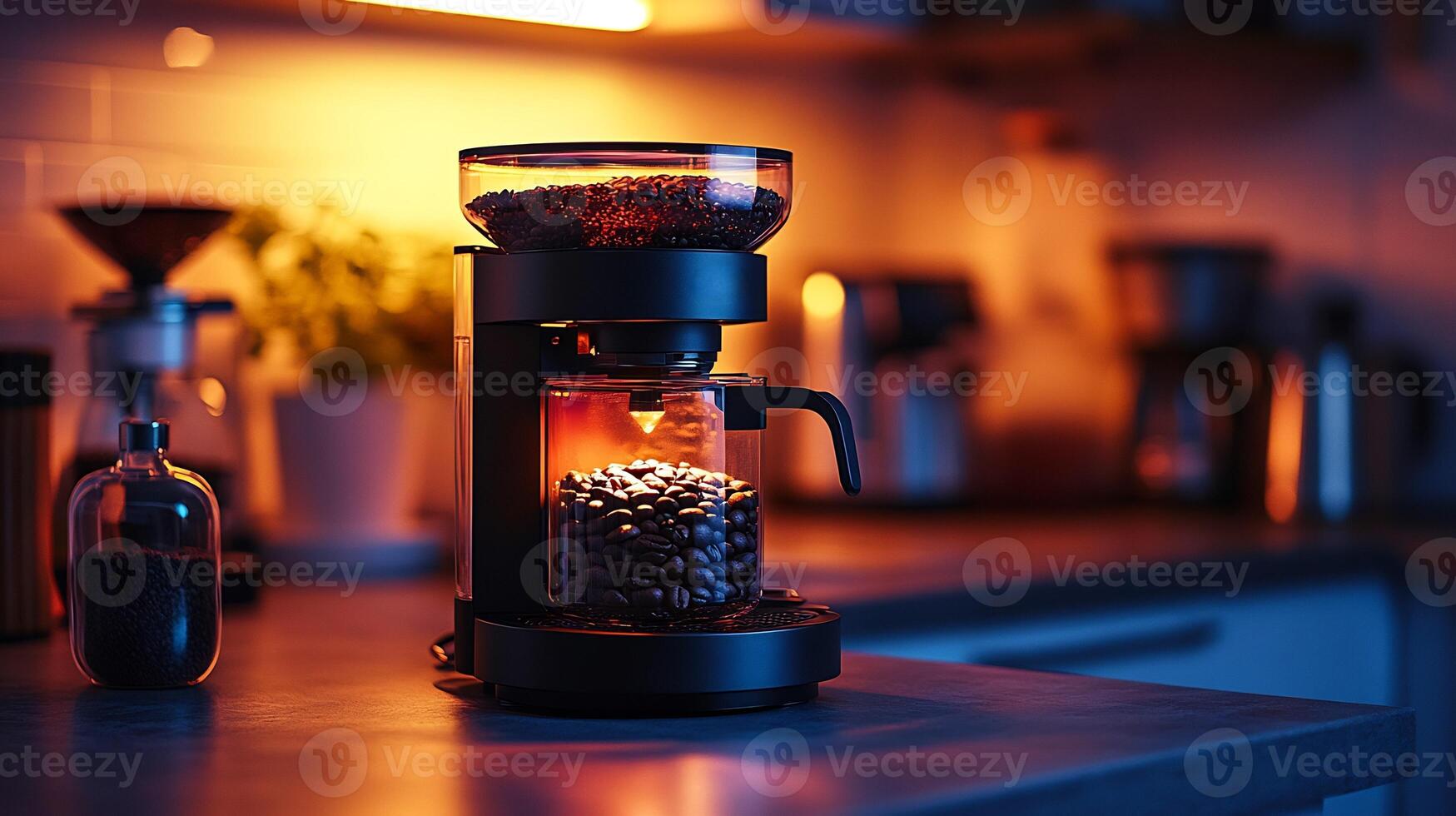 Coffee grinder mockup placed kitchen counter with vibrant lighting ideal for showcasing kitchenware products photo