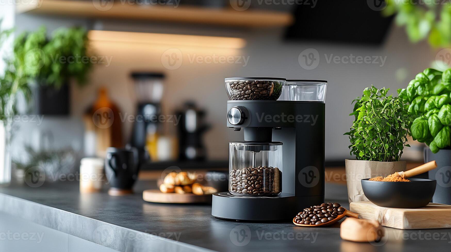 Coffee Grinder Mockup Kitchen Counter with Bright Light Ideal for Cafe Equipment and Kitchenware Displays photo
