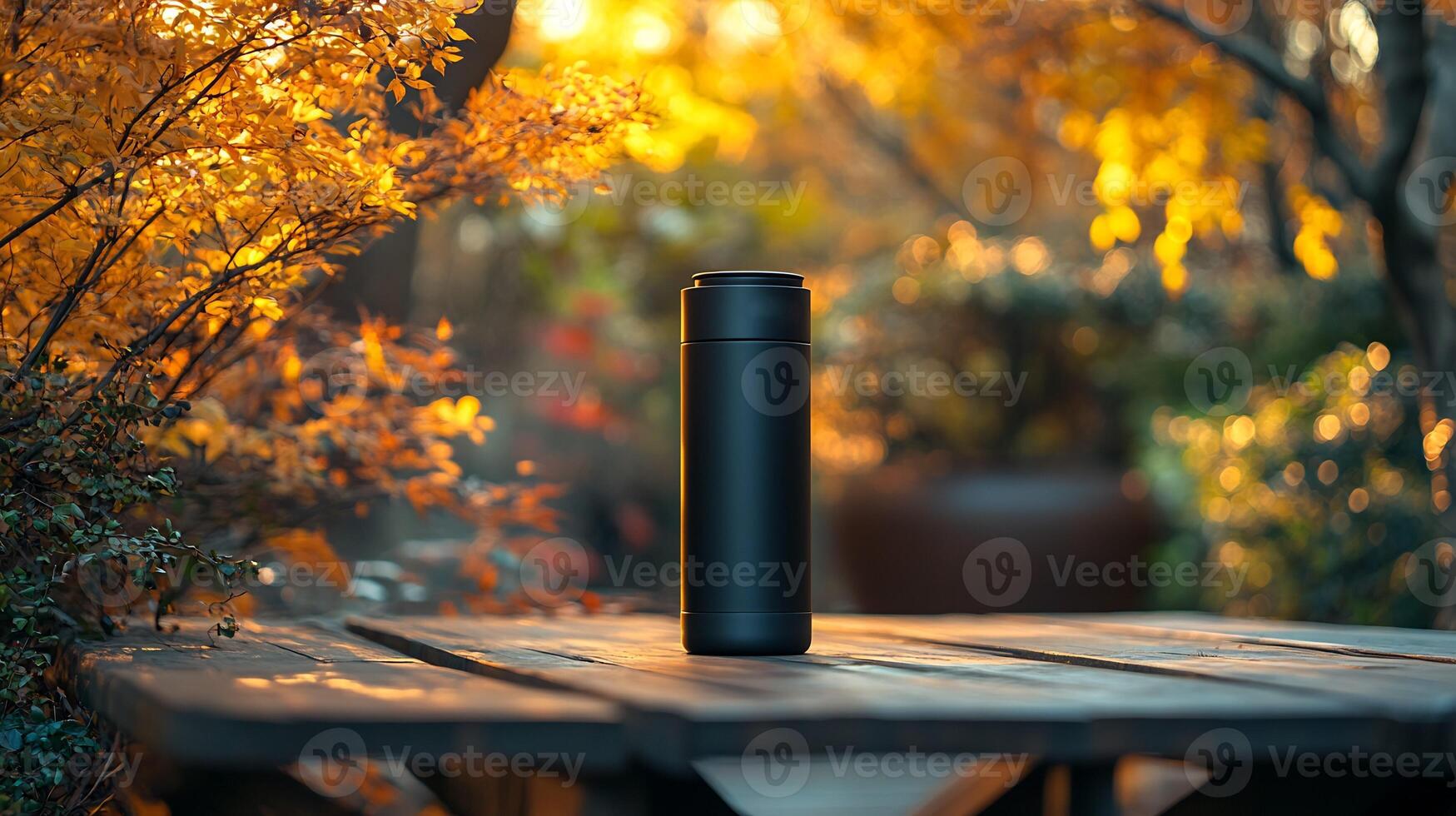 Coffee Thermos Mockup Wooden Picnic Table with Natural Light Ideal for Outdoor Drinkware Branding photo