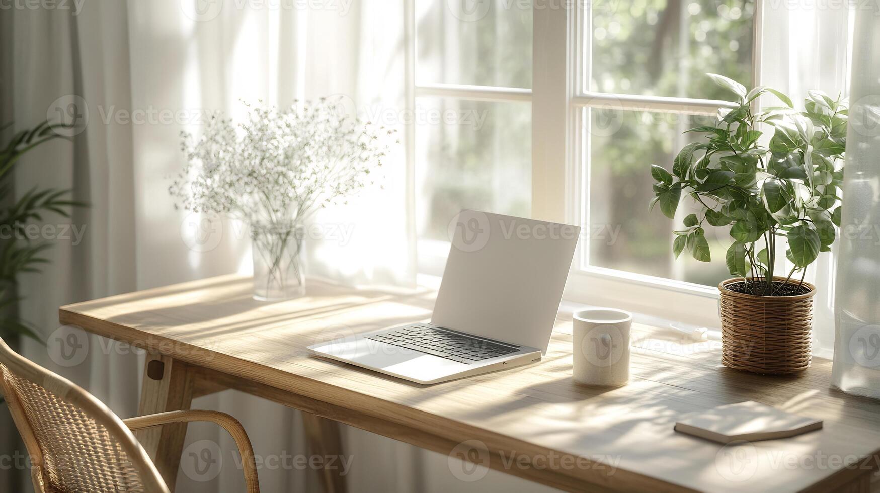 Flyer mockup placed clean desk with minimalistic design ideal for showcasing promotional materials photo