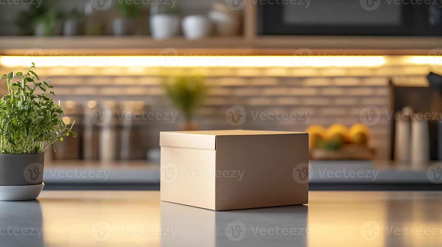 Food box mockup displayed clean kitchen counter with vibrant lighting perfect for packaging showcases photo