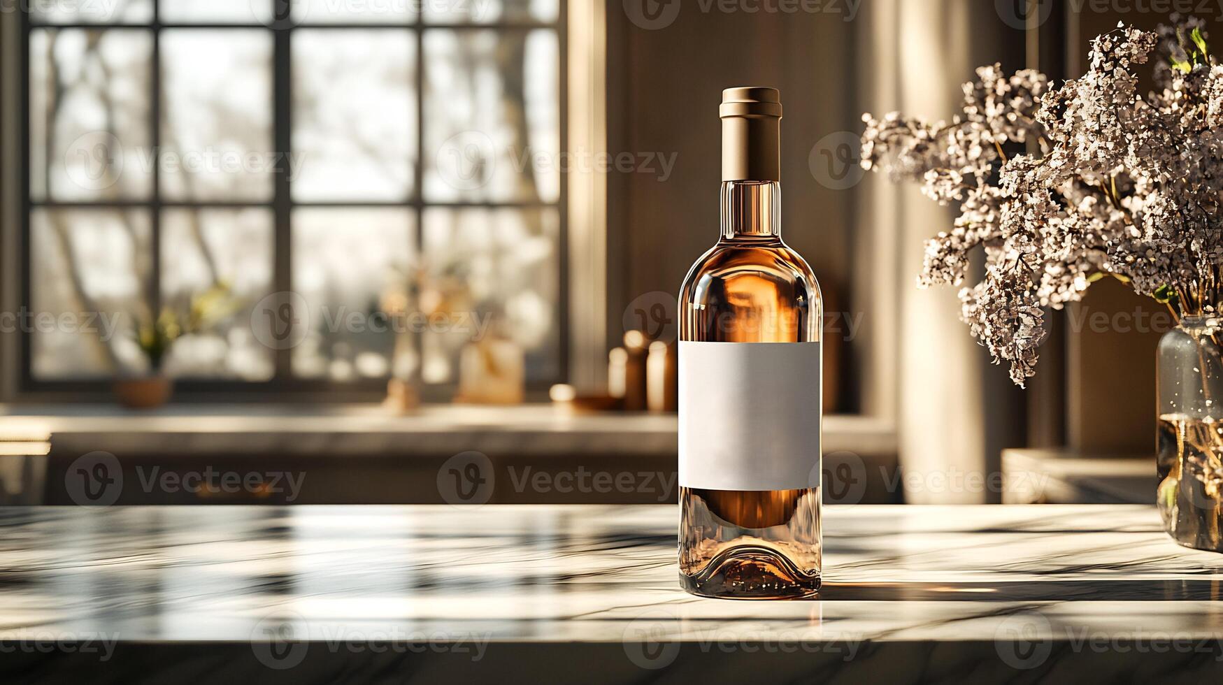Glass Bottle Mockup Custom Label Design Placed on a Marble Countertop Showcasing a HighEnd Beverage or Product Labeling in Sharp Modern Lighting photo