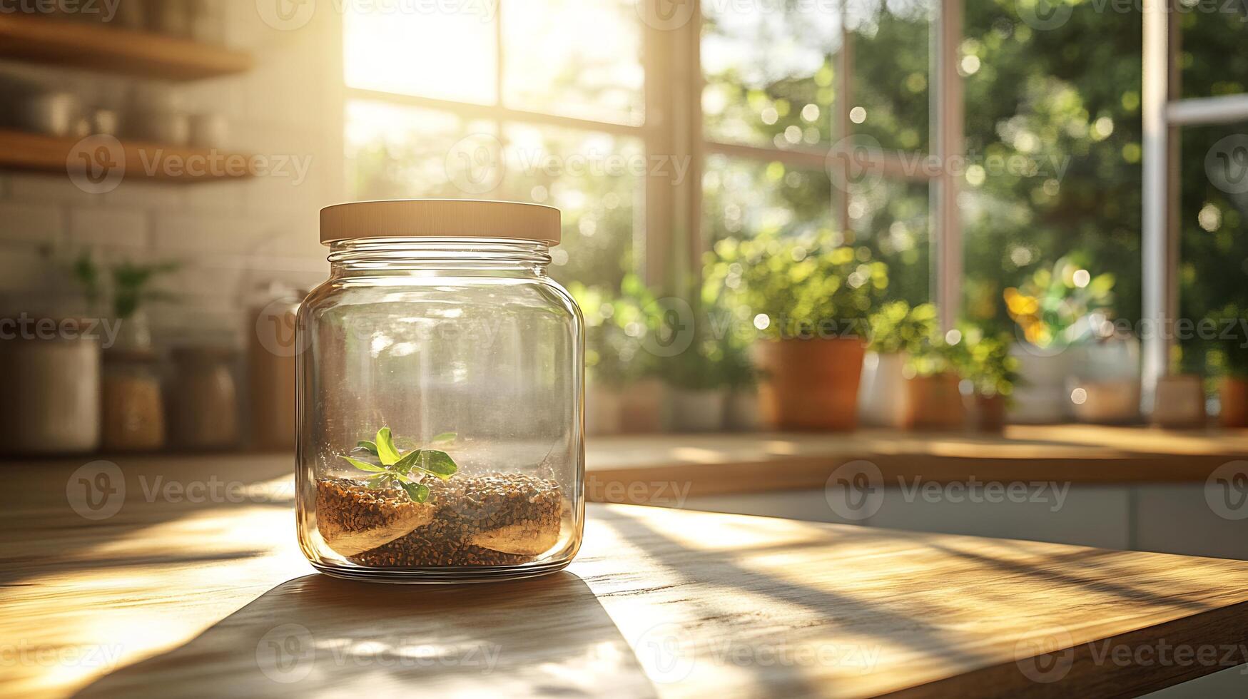Glass jar mockup tightfitting lid placed on a bright kitchen counter with soft lighting photo