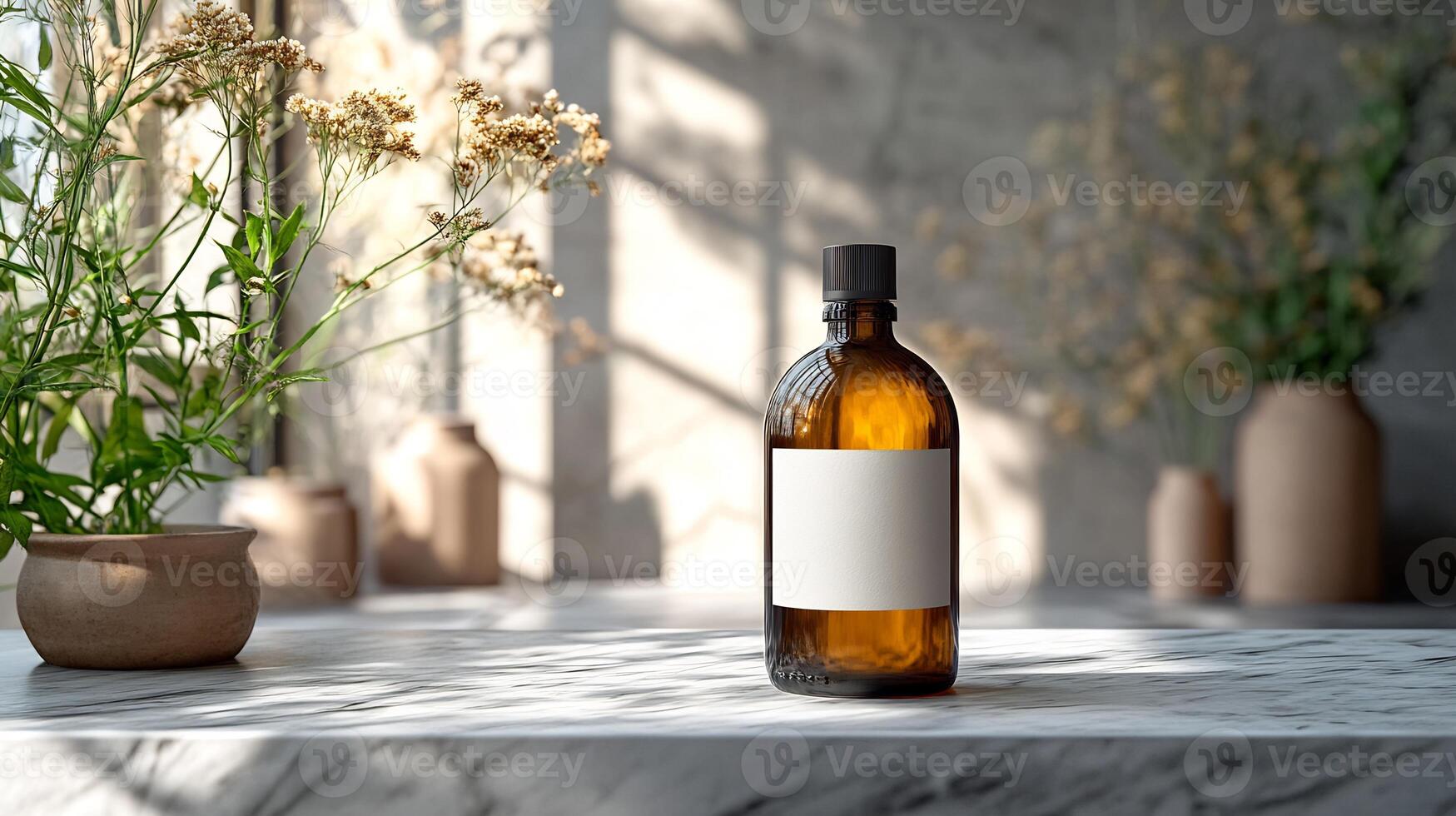 Glass bottle mockup custom label design displayed on a marble counter with sharp lighting photo