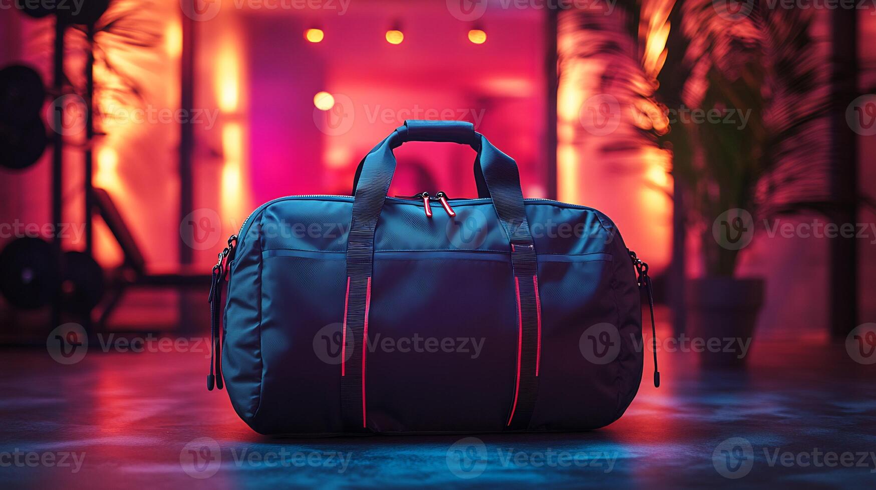 Gym bag mockup placed workout bench with vibrant lighting ideal for fitness product branding photo