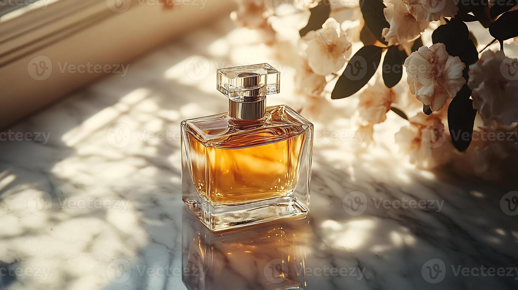 Glass perfume bottle mockup resting marble surface with soft natural light ideal for luxury branding photo