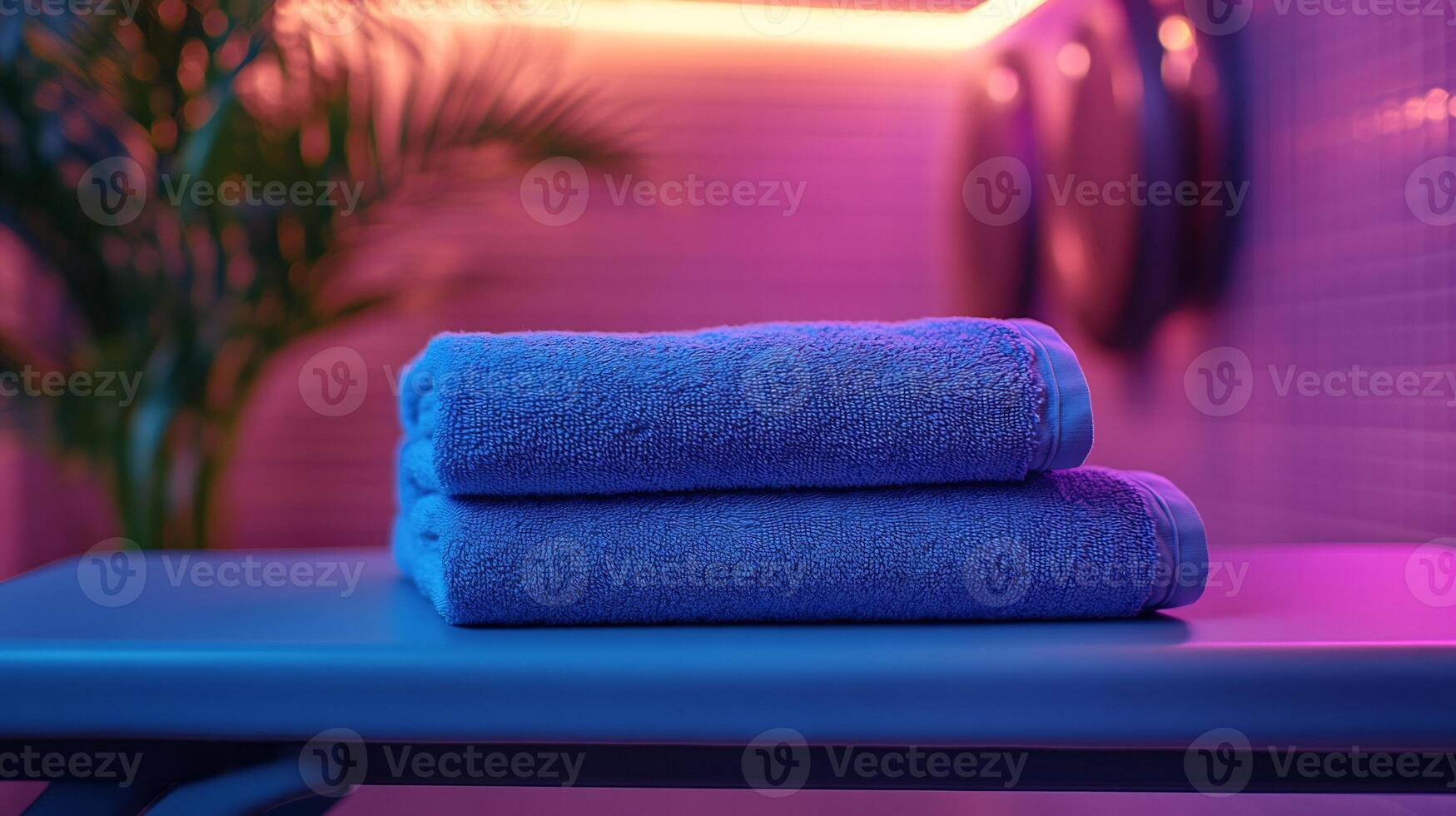 Gym towel mockup folded neatly workout bench with vibrant lighting ideal for fitness branding photo
