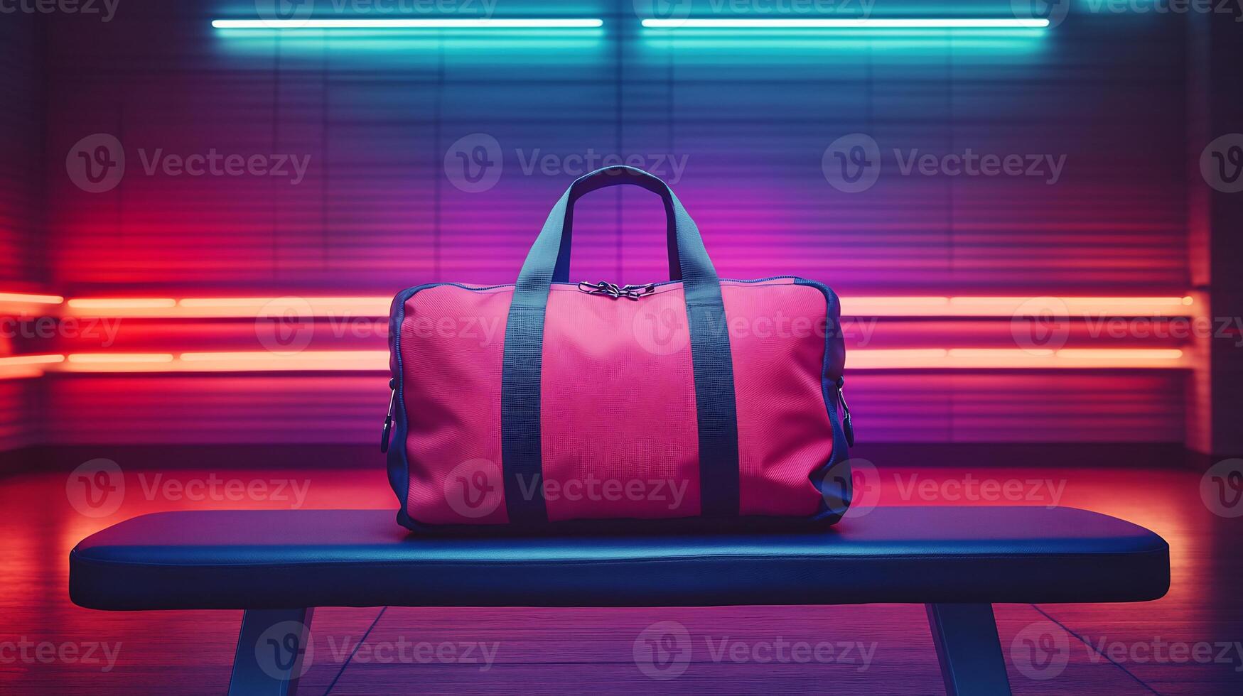 Gym Bag Mockup Positioned a Workout Bench with Vibrant Lighting Perfect for Showcasing Fitness Gear Branding and Sports Product Designs in an Energetic Environment photo