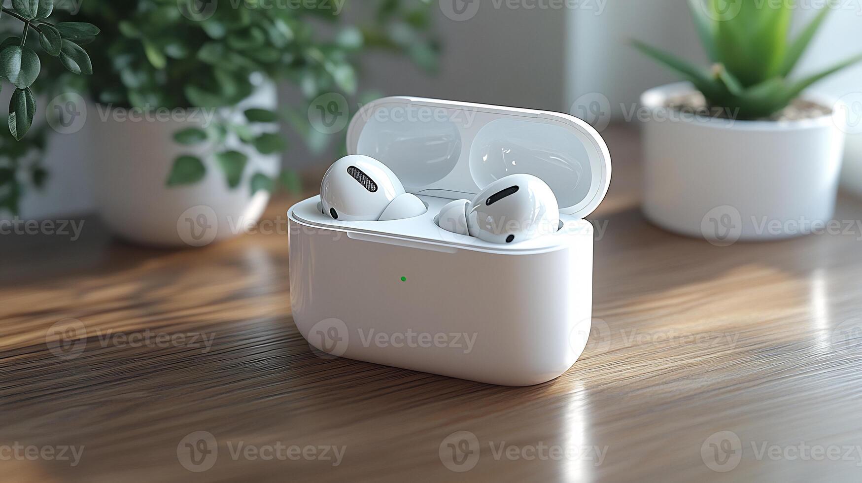 Headphone case mockup lying open wooden desk perfect for showcasing tech accessory designs photo