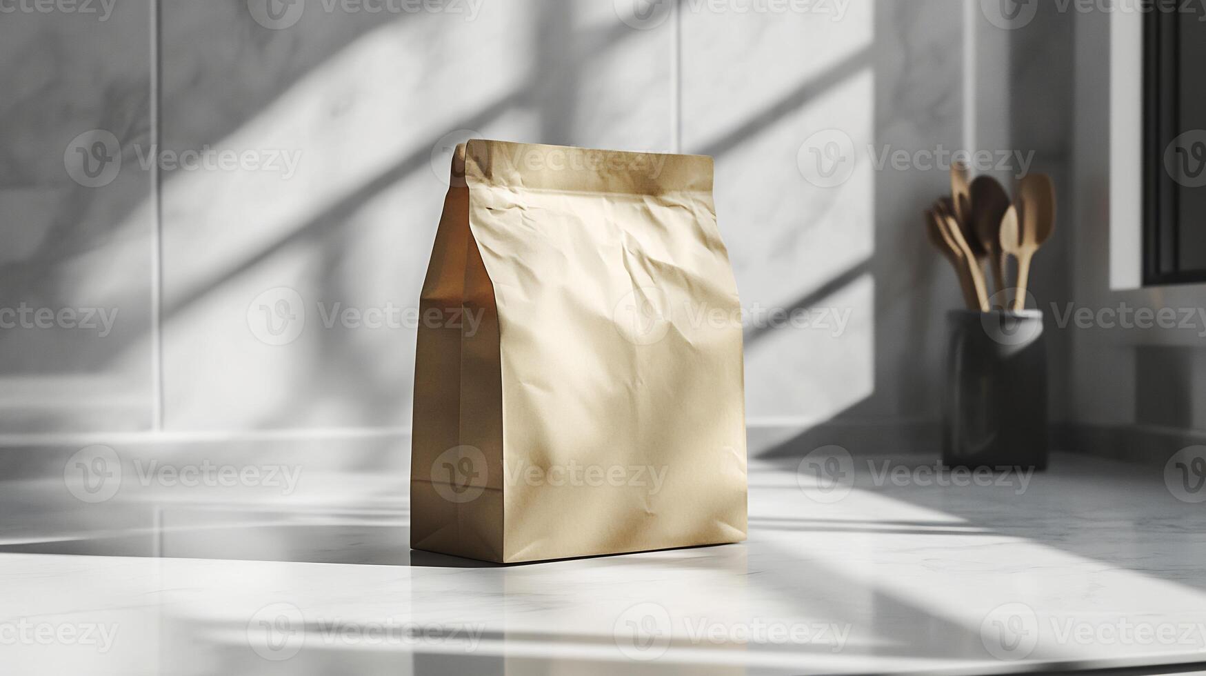 Lunch Bag Mockup Kitchen Counter with Sharp Shadows Ideal for Food Packaging and Meal Prep Branding photo