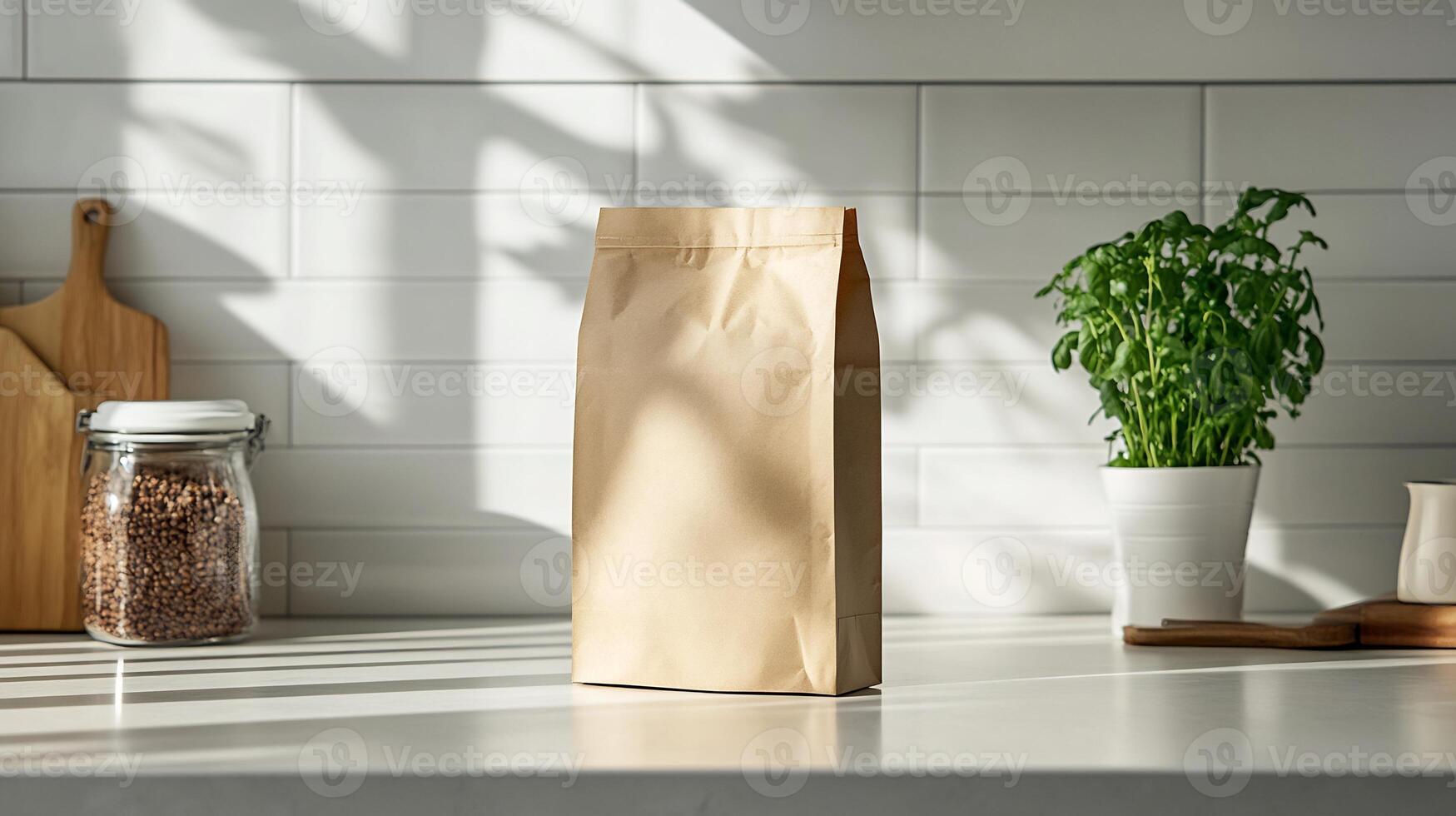 Lunch bag mockup sitting white kitchen counter with sharp shadows perfect for food packaging branding photo