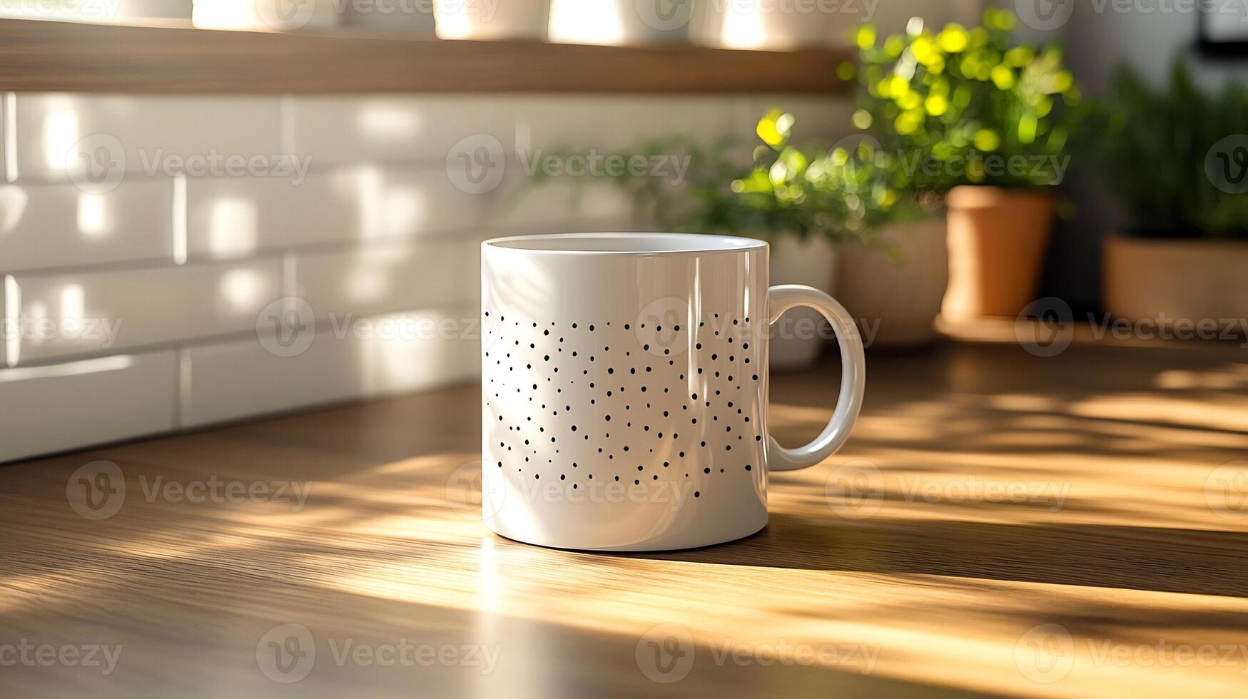 Mug mockup custom design displayed on a clean kitchen counter with natural light photo