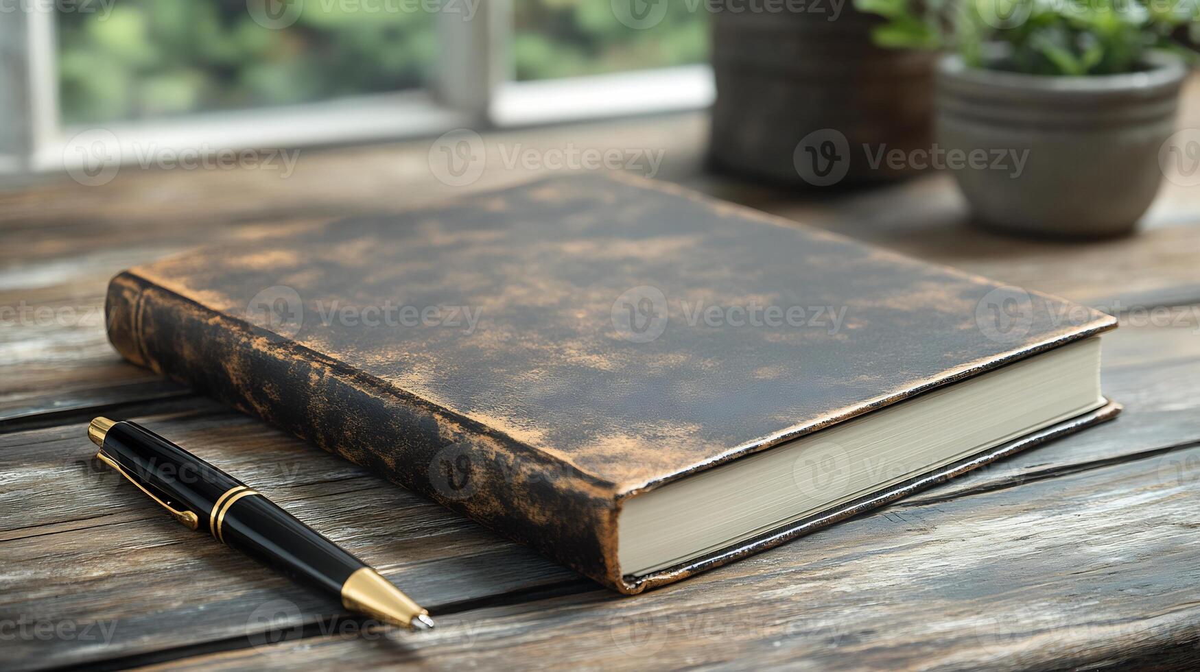 Notebook Mockup Lying Flat a Wooden Desk with a Pen Beside It Ideal for Stationery Branding Personalized Notebook Design and Elegant Office Product Showcases photo