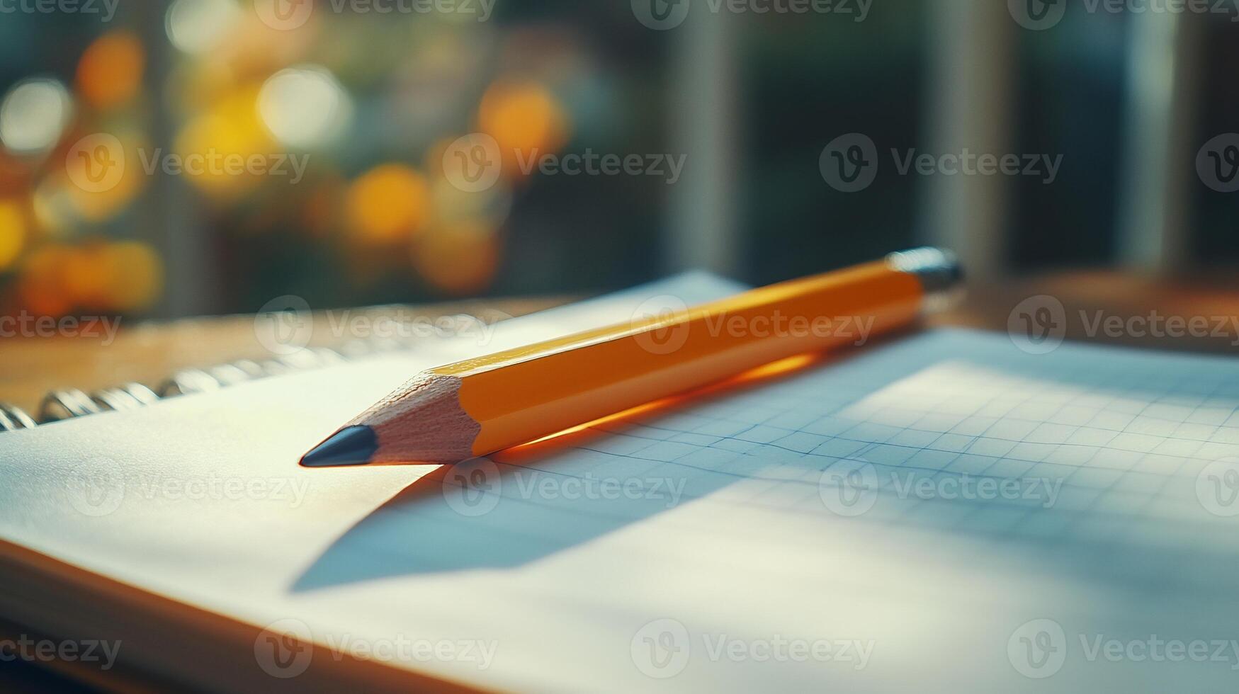 Pencil mockup resting white notepad with soft lighting ideal for stationery product showcases photo